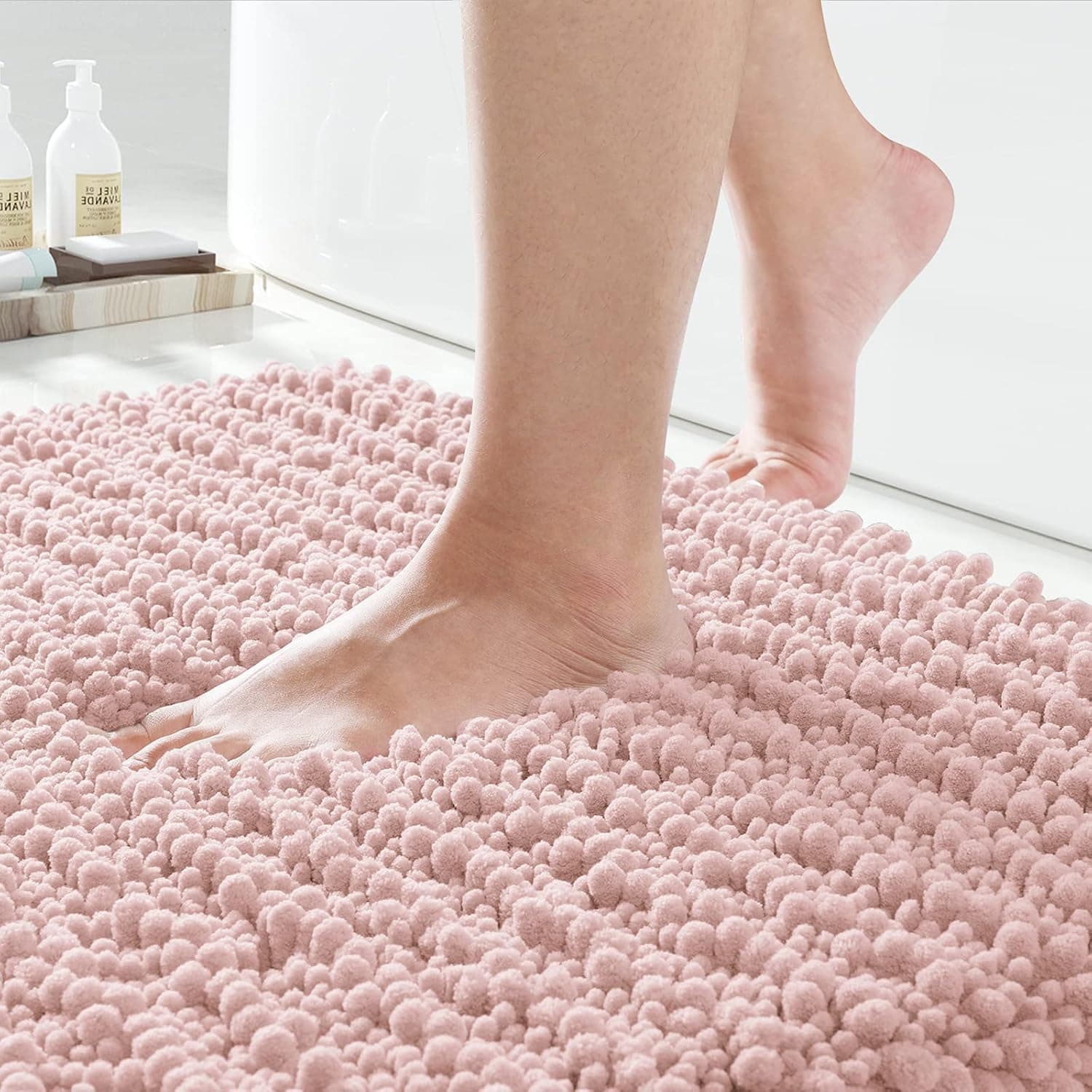 Yimobra Original Luxury Chenille Bath Mat, 24 x 17 Inches, Soft Shaggy and Comfortable, Large Size, Super Absorbent and Thick, Non-Slip, Machine Washable, Perfect for Bathroom, Light Pink
