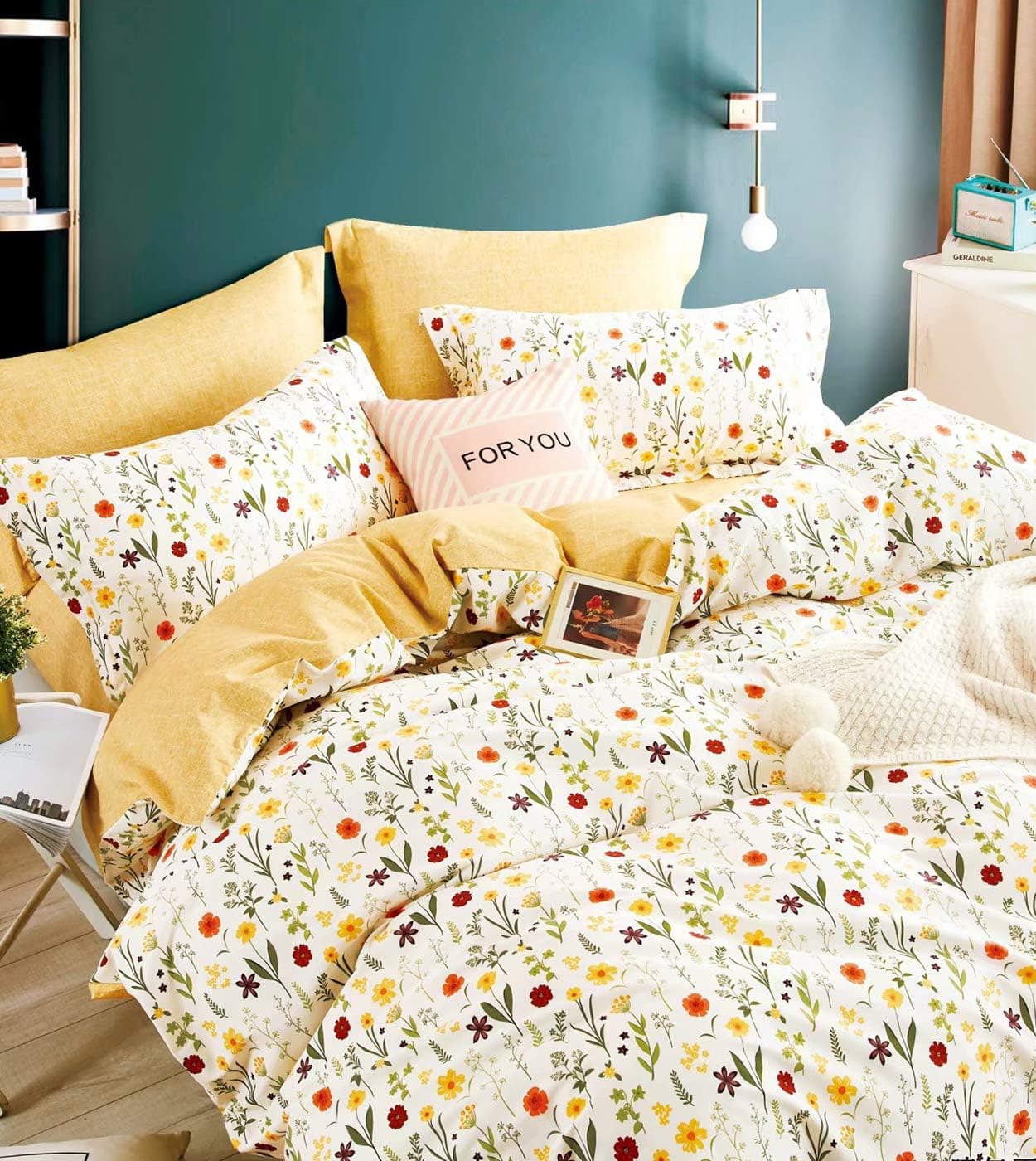 SLEEPBELLA Duvet Cover Twin Size Yellow Flowers & Green Botanical Pattern Printed on White 100% Cotton Reversible Floral Bedding Set 2 Pcs