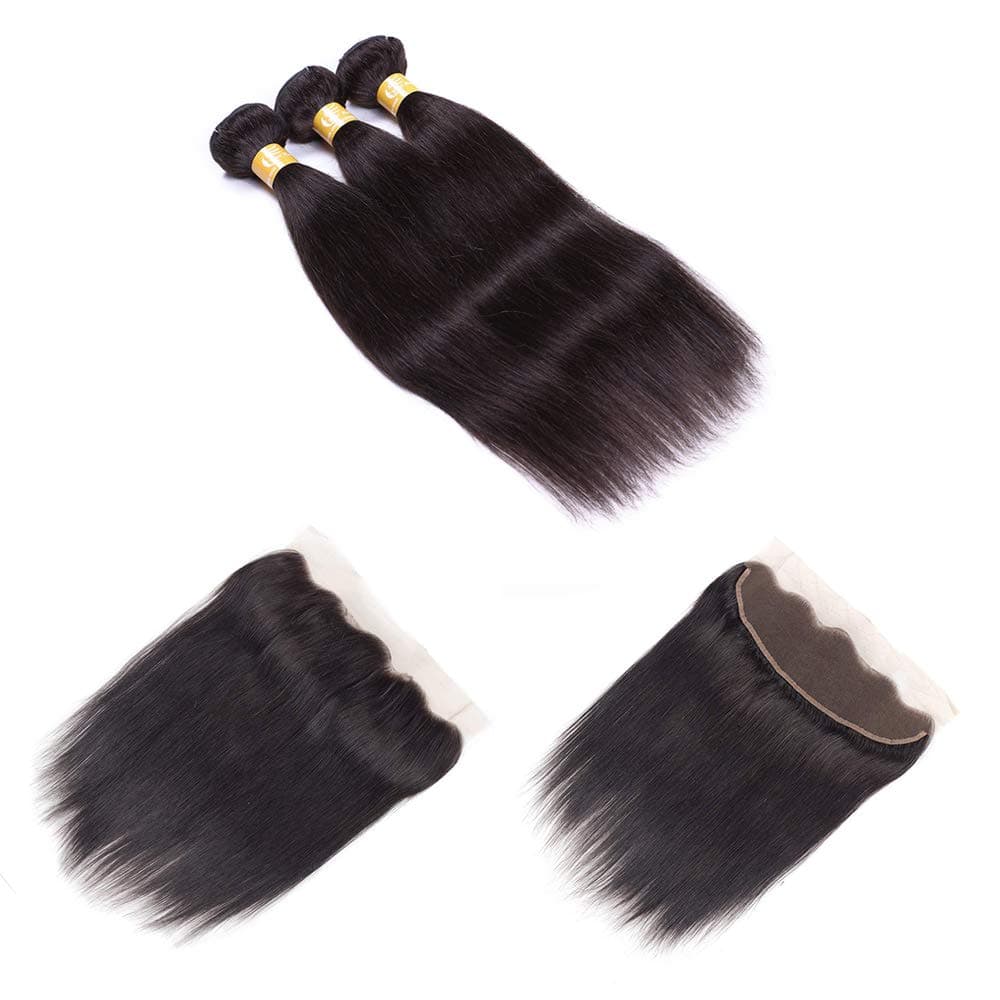 Straight Bundles 100% Unprocessed Malaysian Virgin Human Hair Weave Weft Extensions 3 Bundles 22 24 26 with 20 Frontal Closure 13×4 Ear To Ear Lace Frontal Closure Natural Black Color