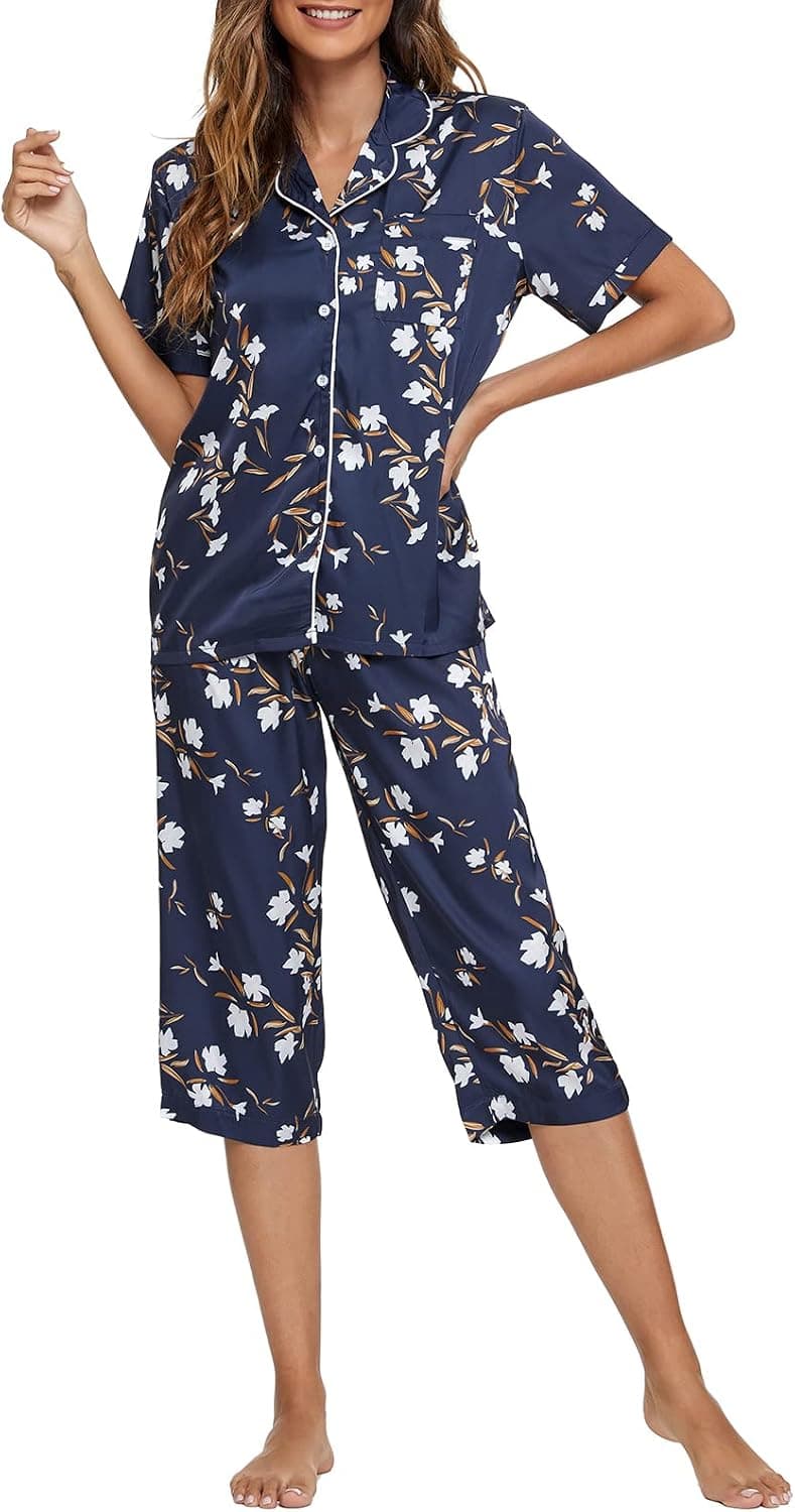 Ysoea Women's Floral Satin Capri PJ Set Notch Collar Short Sleeve Sleepwear Button Down Pajamas Shirt and Sleep Pants