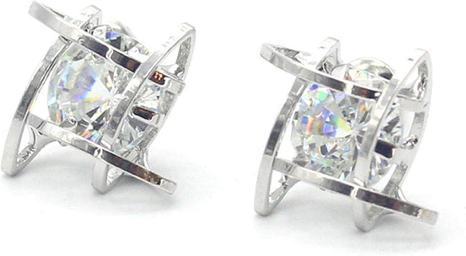 Guoshang Women Geometric Cube Crystal Earrings Rhinestone Ear Studs Gold Silver 2 Colors,Silver,1 Pair