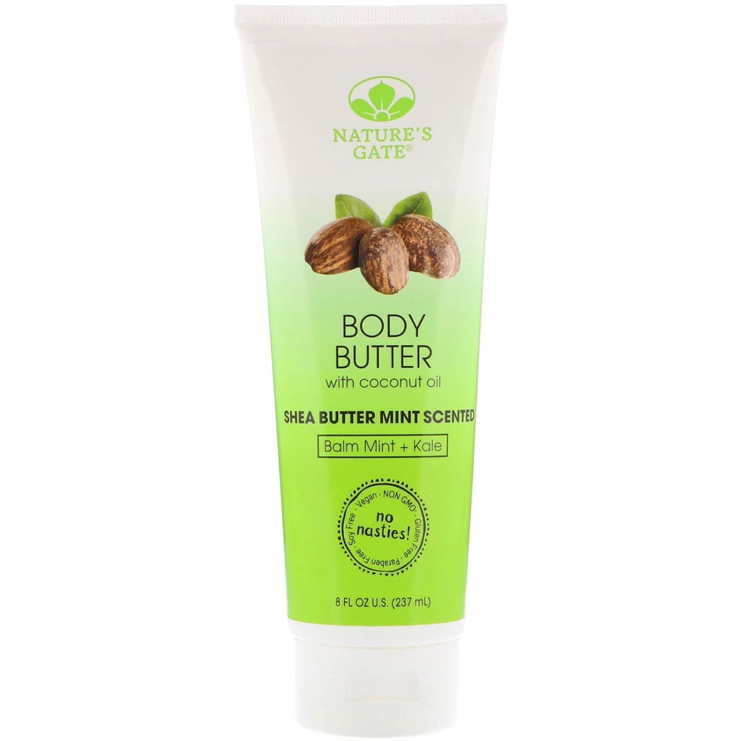 Nature's Gate Natural Body Butter, Balm Mint and Kale, Shea Butter Mint Scented, Gently Hydrates and Moisturizes Skin; Vegan, Non GMO, Gluten Free, Paraben Free, Cruelty Free, 8 Ounce Recyclable Tube