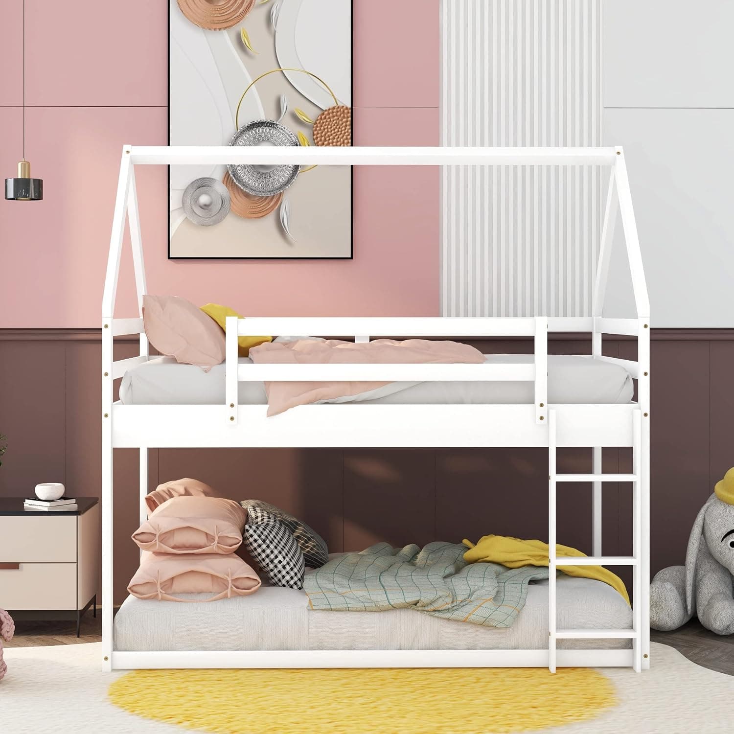 Harper & Bright Designs Low Twin Over Twin Bunk Bed, Wooden House Bed Frame Built-in Ladder, Guardrail, Roof for Boys, Girls, Kids, Teenagers Living Room Bedroom (White)