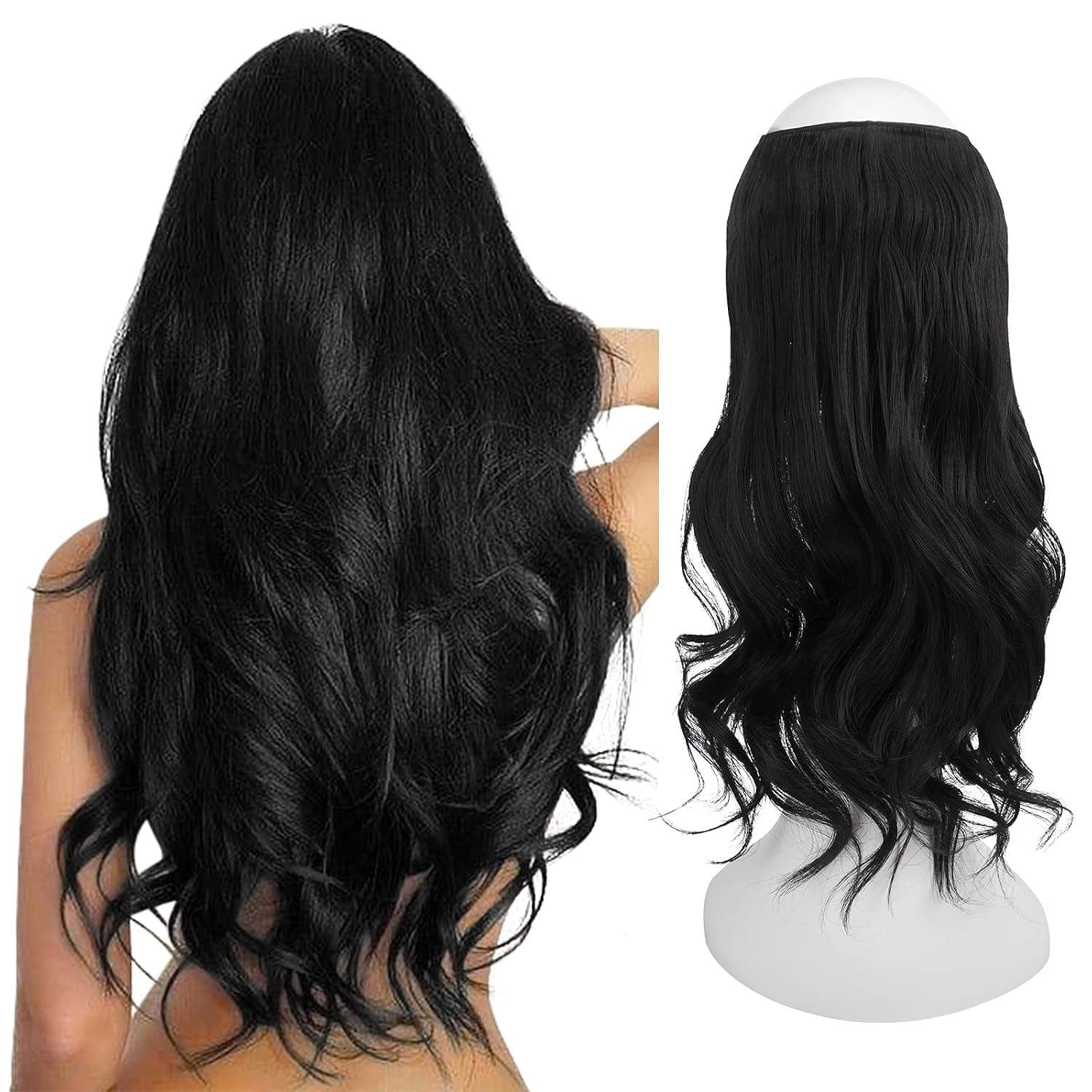 SOFEIYAN Curly Wavy Wire Hair Extensions 16 Inch Synthetic Hairpieces Invisible Secret Wire Hair Extensions for Women No Clip, off Black