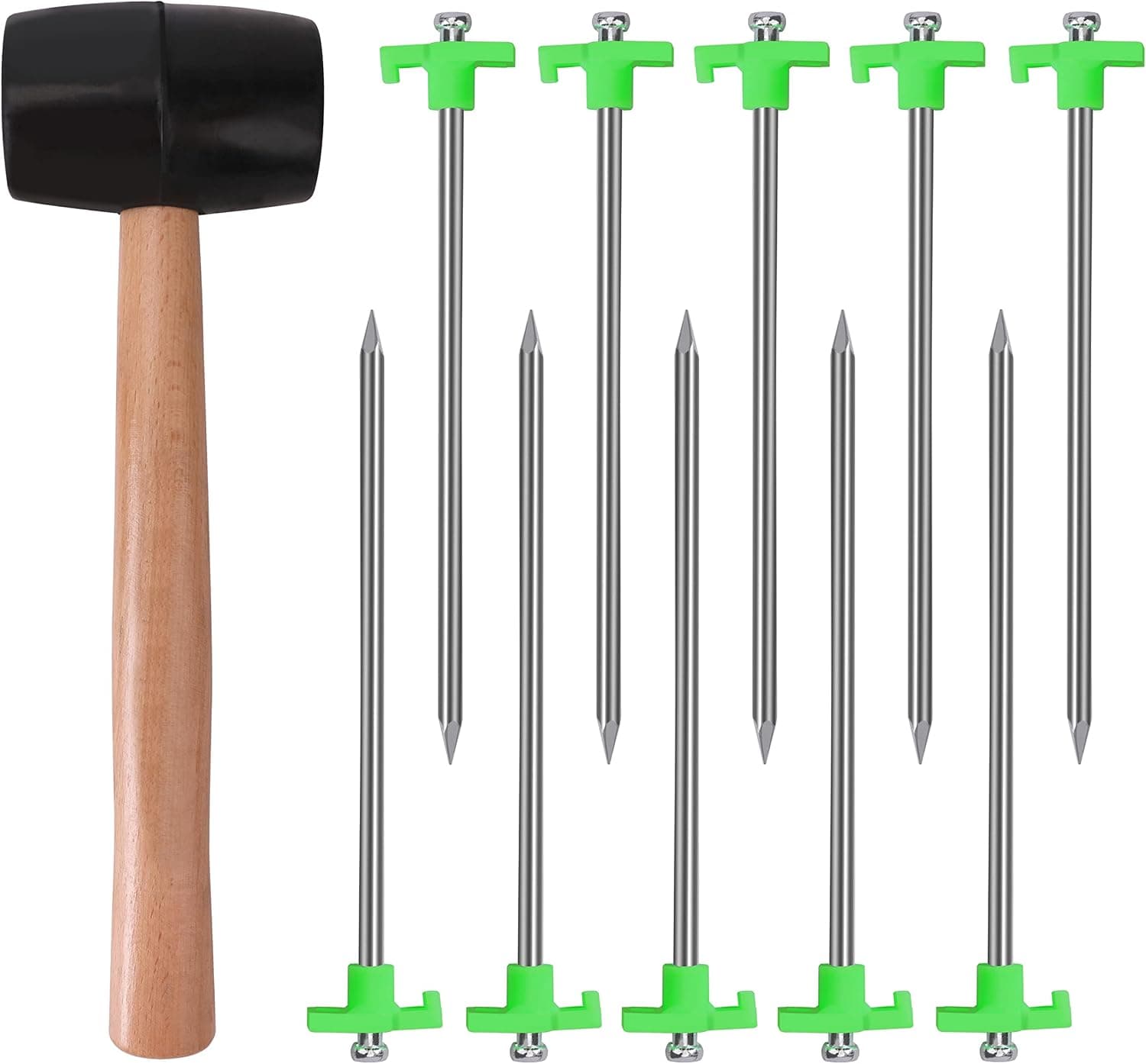 Galvanized Non-Rust Camping Family Tent Pop Up Tent Stakes, Heavy Duty Metal Tent Pegs 10pc-Pack, Camping Accessories with 1pc 16oz Wooden Handle Rubber Mallet