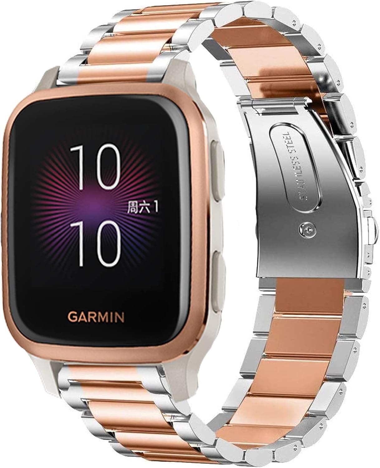 Compatible with Garmin Venu Sq 2 bands, YOUkei Stainless Steel Metal Replacement Strap Bracelet Compatible with Garmin Venu Sq Smartwatch / Venu Sq 2 / Venu 2 Plus Smartwatch 2022 (Silver-Rose Gold)