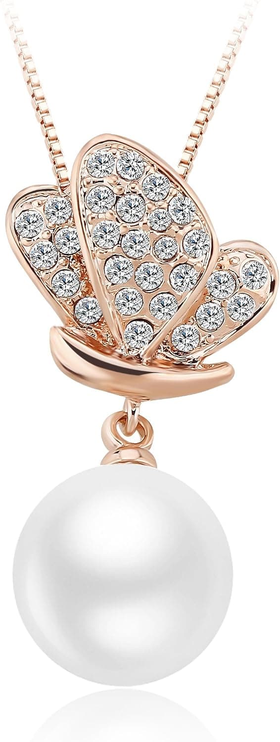 VEECAS 18K Rose Gold Plated Diamond Pearl Butterfly Pendant Necklace, 18"