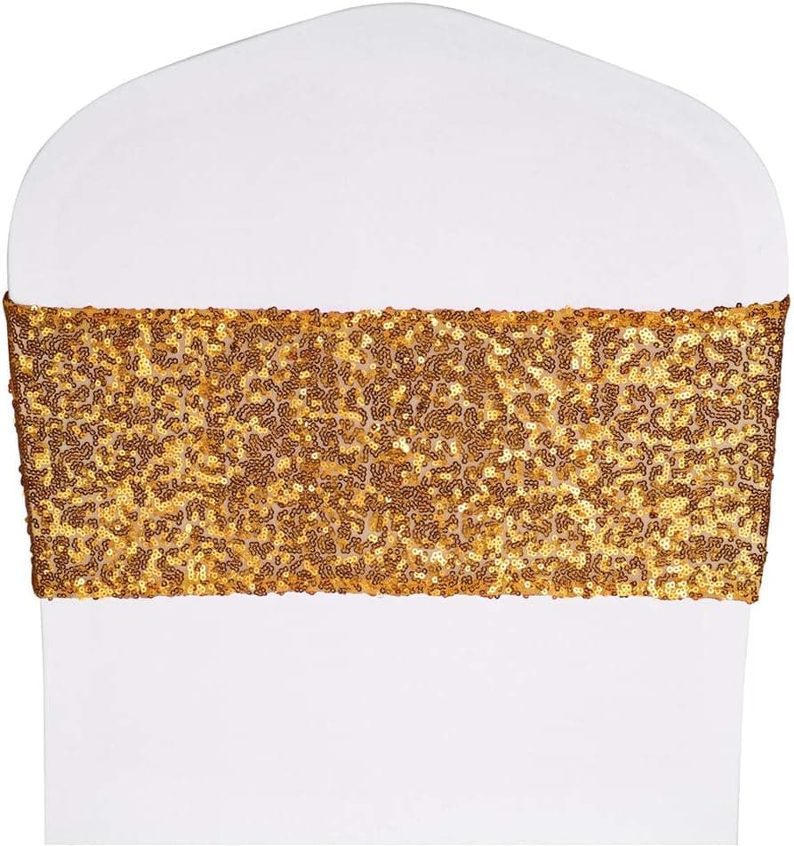 Desirable Life Pack of 50 Stretch Sequin Chair Sashes Chair Bands One-Sided Sequins Decor for Hotel Wedding Reception Party Event Chair Cover Decoration 4"x16" - Gold