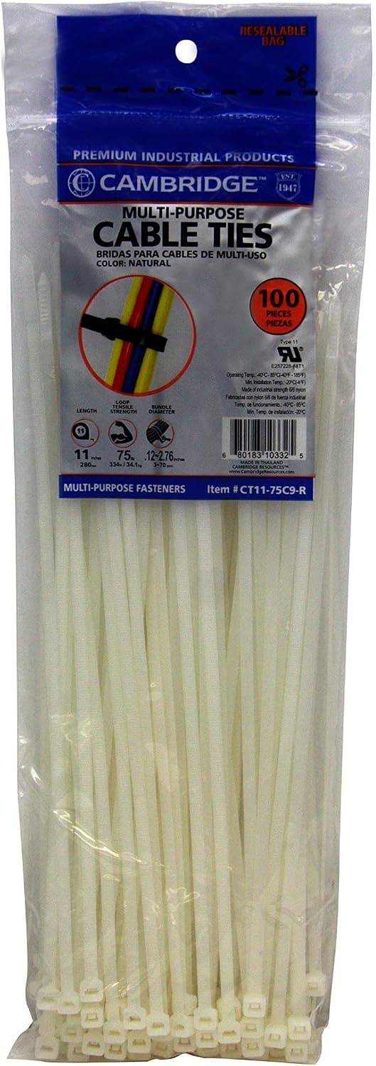 Cambridge Nylon 6/6 UL Listed Cable Ties 11-in 75 Lb Standard Duty Self Locking Natural Zip Ties, 100 Pack, Contractor Quality and Strength