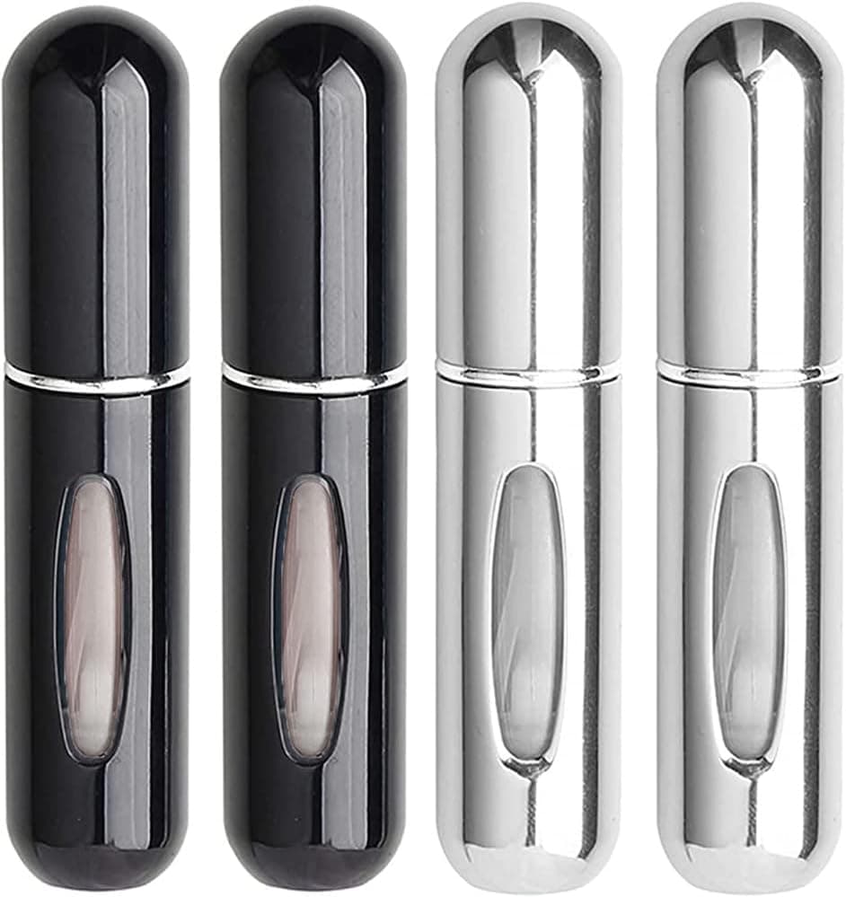 Ryanste 4 Pcs Refillable Travel Perfume Bottle, 5 ml Mini Perfume Refillable Bottle Portable Travel Fragrance Atomizer for Outdoor Travel (Black + Silver)