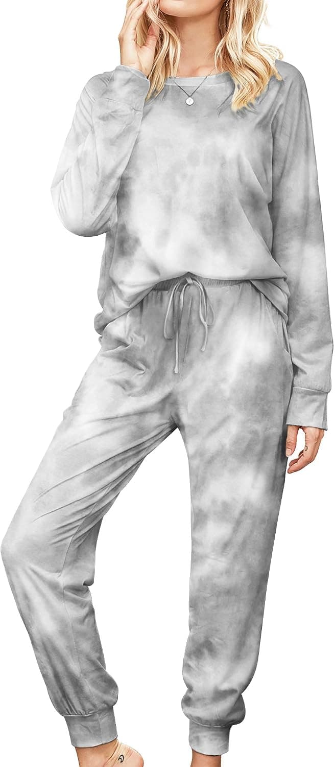 Womens Tie Dye Pajama Set Long Sleeve Pullover with Long Pants 2 Pieces Lounge Set Sweatsuit Sleepwear
