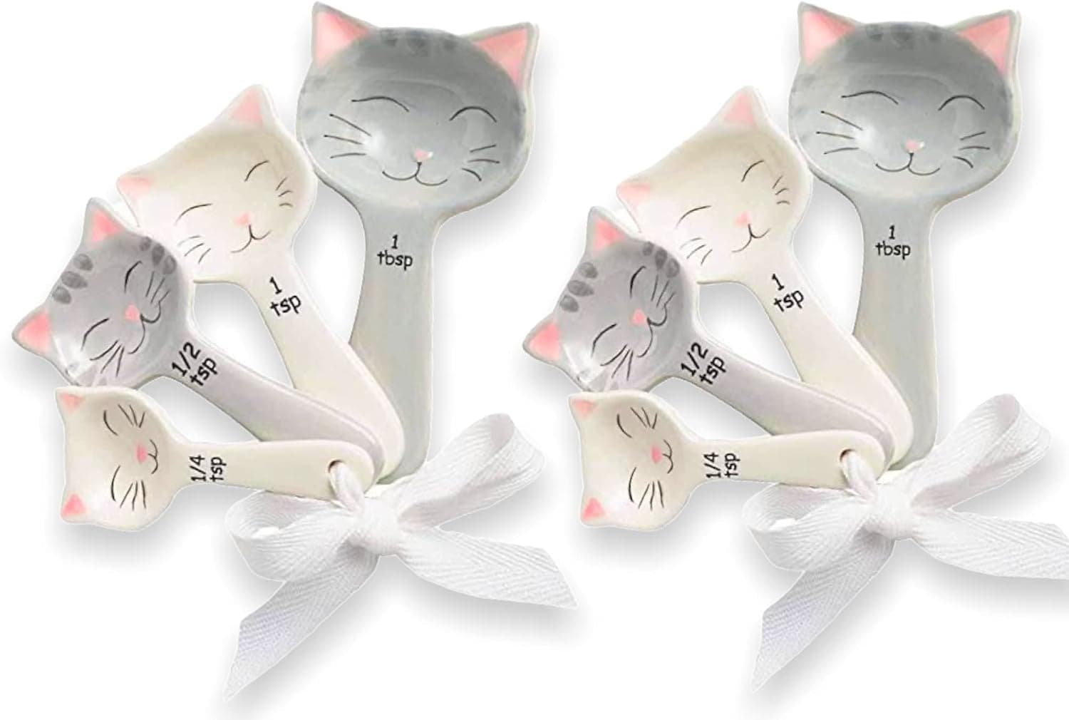 Cat Measuring Spoons, Cat Shaped Ceramic Measuring Spoon, Cat Mom Gift, Cat Mom Baking Utensil Set, Cat Lover Themed Farmhouse Decor for Kitchen with Ribbon Tie 5-Piece Set by Goodscious (Pack of 2)