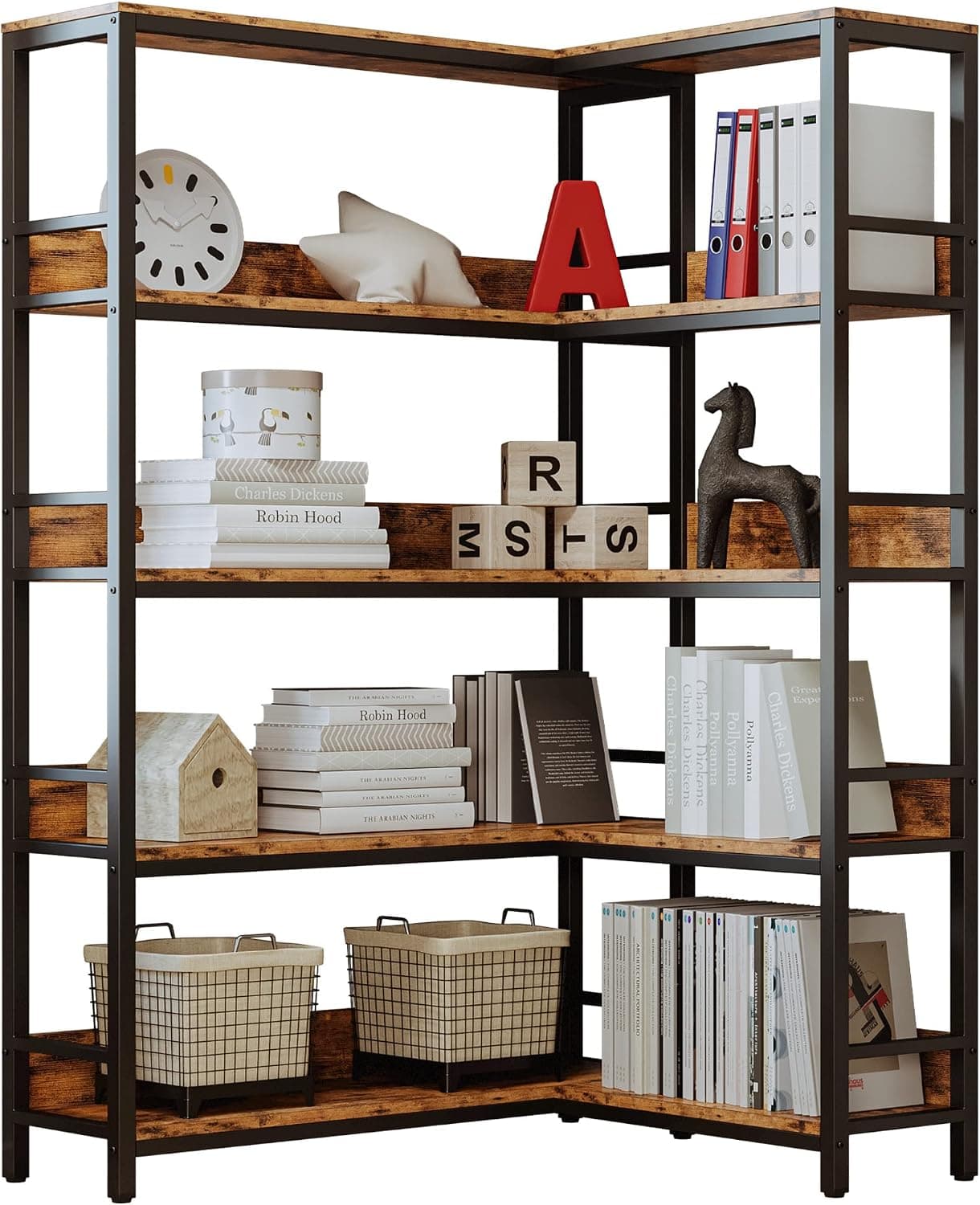 IRONCK Industrial Bookshelves 5 Tiers Corner Bookcases with Baffles Etagere Shelf Storage Rack with Metal Frame for Living Room Home Office