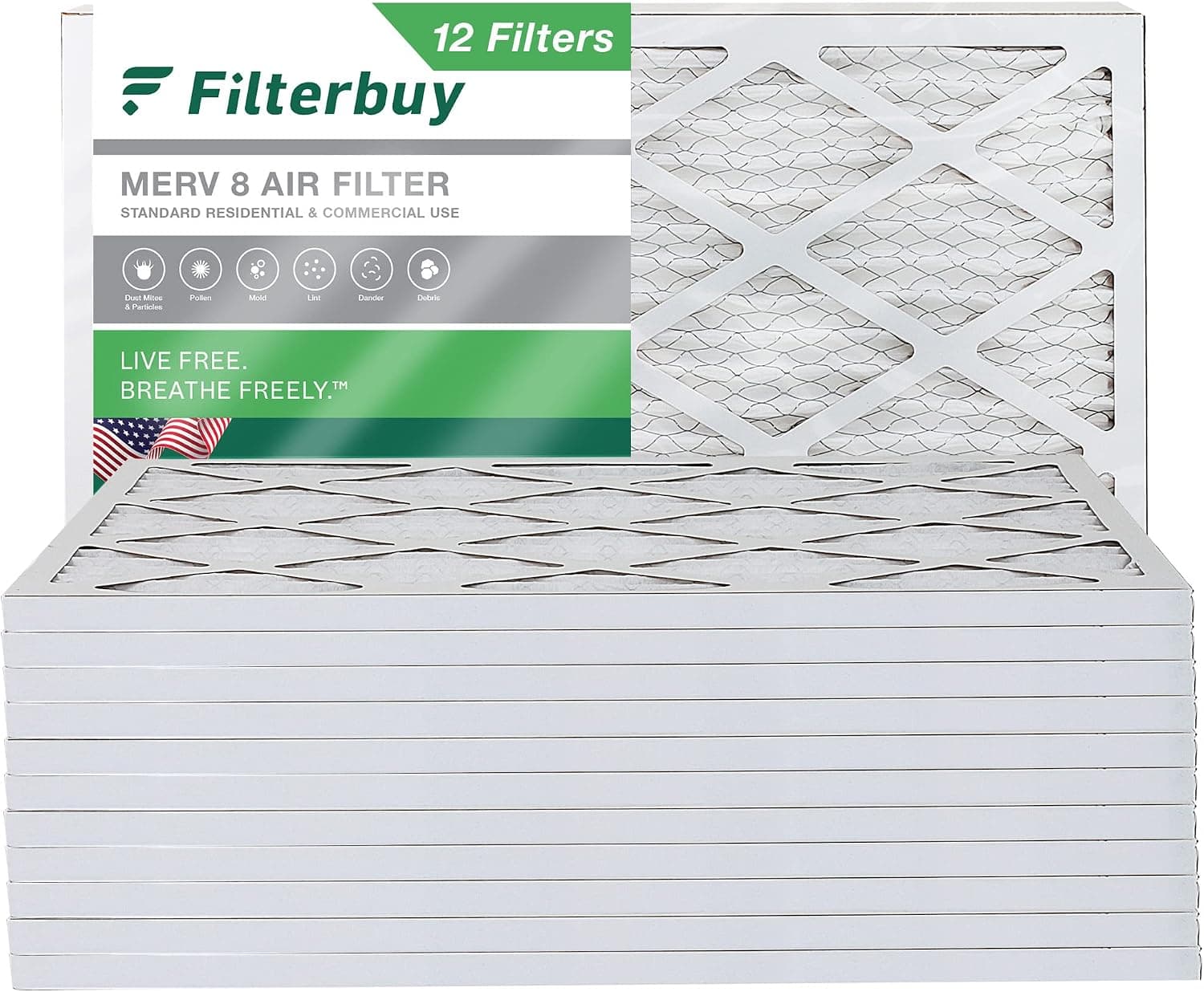 Filterbuy 12x20x1 Air Filter MERV 8 Dust Defense (12-Pack), Pleated HVAC AC Furnace Air Filters Replacement (Actual Size: 11.50 x 19.50 x 0.75 Inches)
