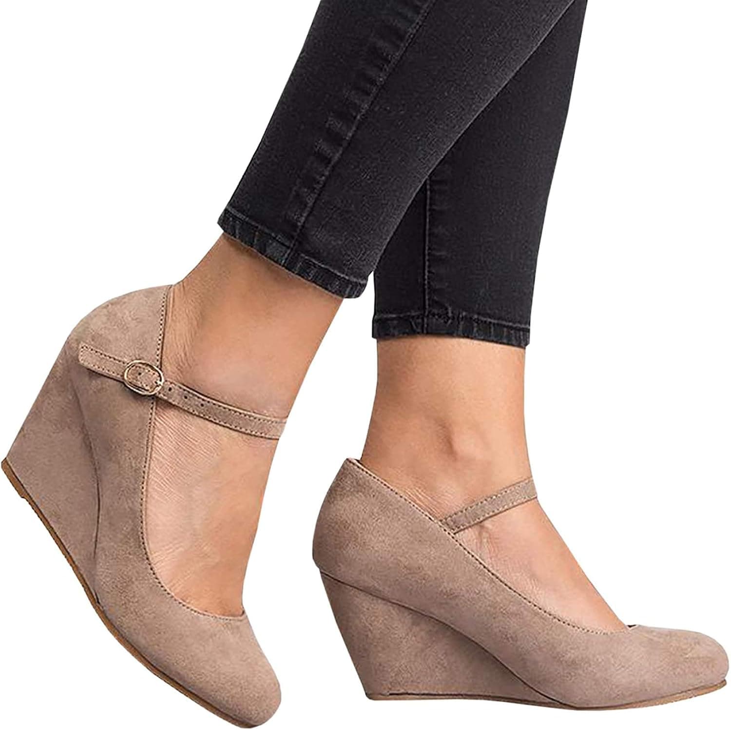FISACE Womens Platform Wedge Pump Ankle Strap Round Toe Loafer Shoes Dressy High Heel (6 M US, Khaki)