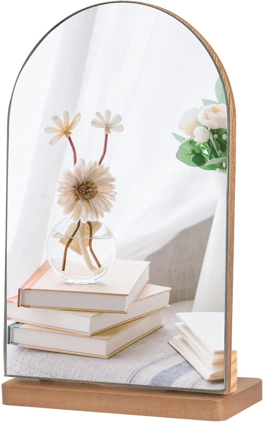 SENMAXLIVING Wood Desk Mirror, Premium HD Vanity Makeup Mirror, Vertical Wooden Small Table Mirror, Multiple Angles Adjustable Standing Mirror for Bedroom Living Room (Arched Top)