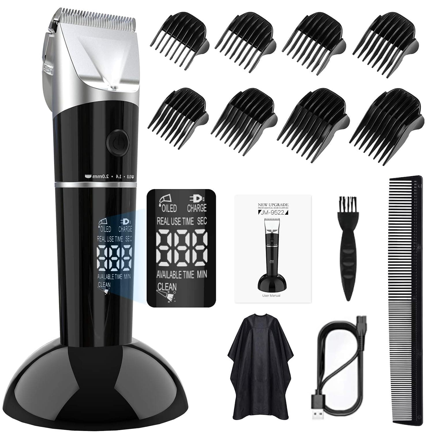 Hair Clippers, RUEOO JM-9522 Barber Clippers 5-level Adjustable Speed&5hrs Run Time Cordless Hair Trimmer, LCD Trimmer Barber Haircut Kit with 8 Guide Combs …