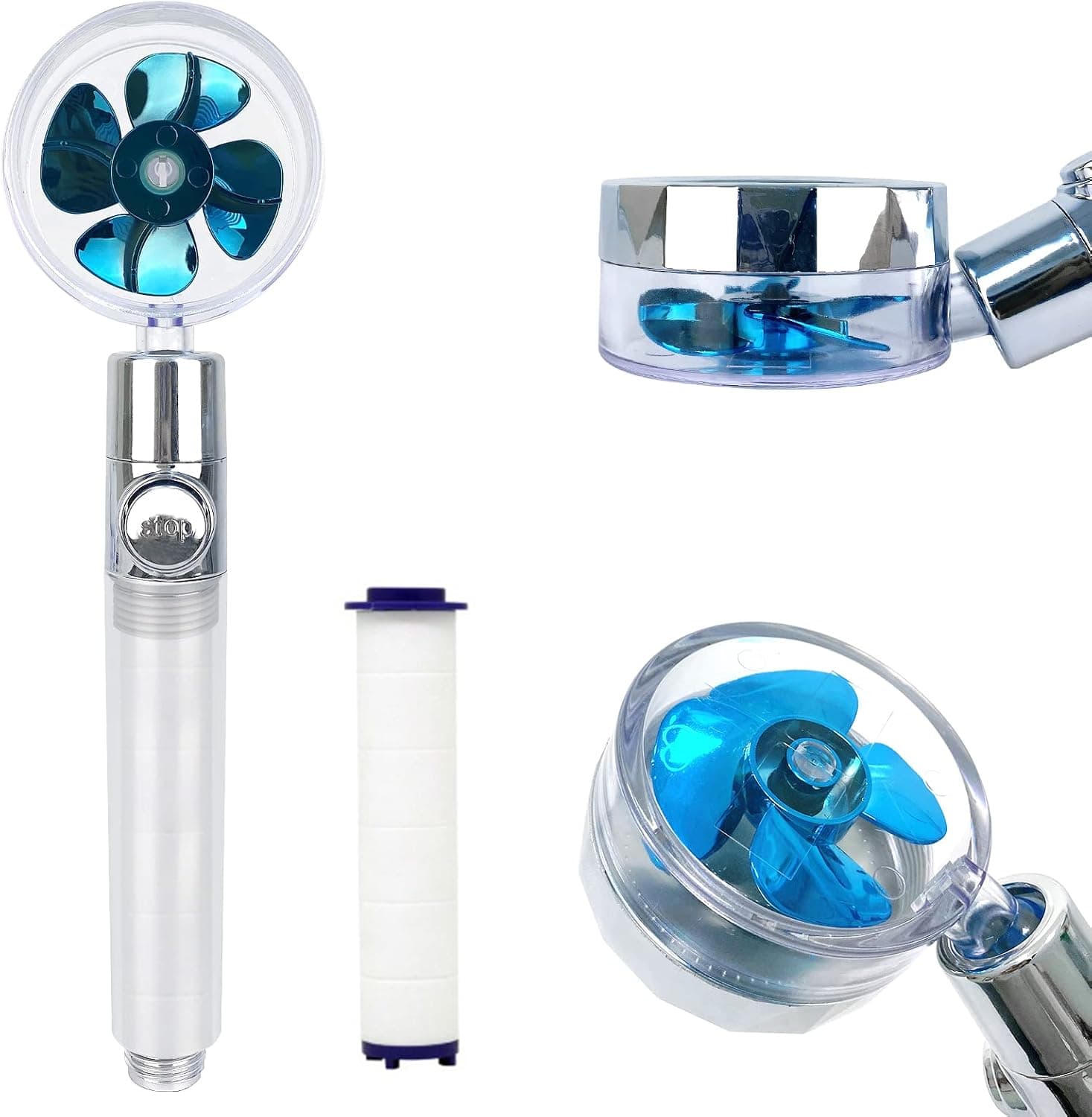 High Pressure Fan Shower Head, Propeller Driven Handheld Shower Head with Filter and Pause Switch,Water Saving Multi-functions Easy Install 360° Rotating Filtered Turbocharged Shower Head-Blue