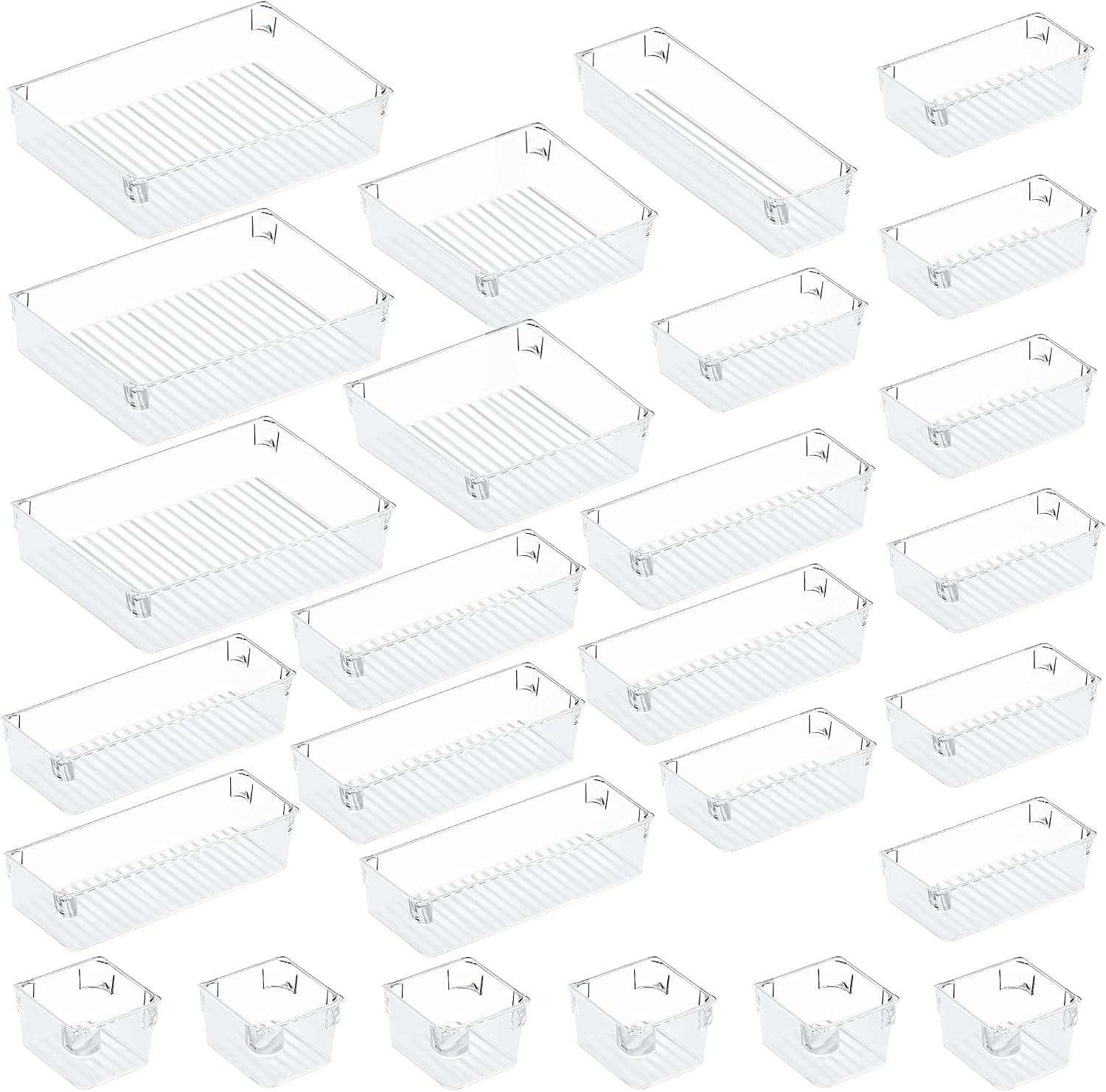 Puroma 27Pcs Desk Drawer Organizer Set 5-Size Versatile Vanity and Desk Drawer Storage Bins, Clear Plastic Drawer Organizer Trays and Customize Layout Organizer Container for Makeup Kitchen