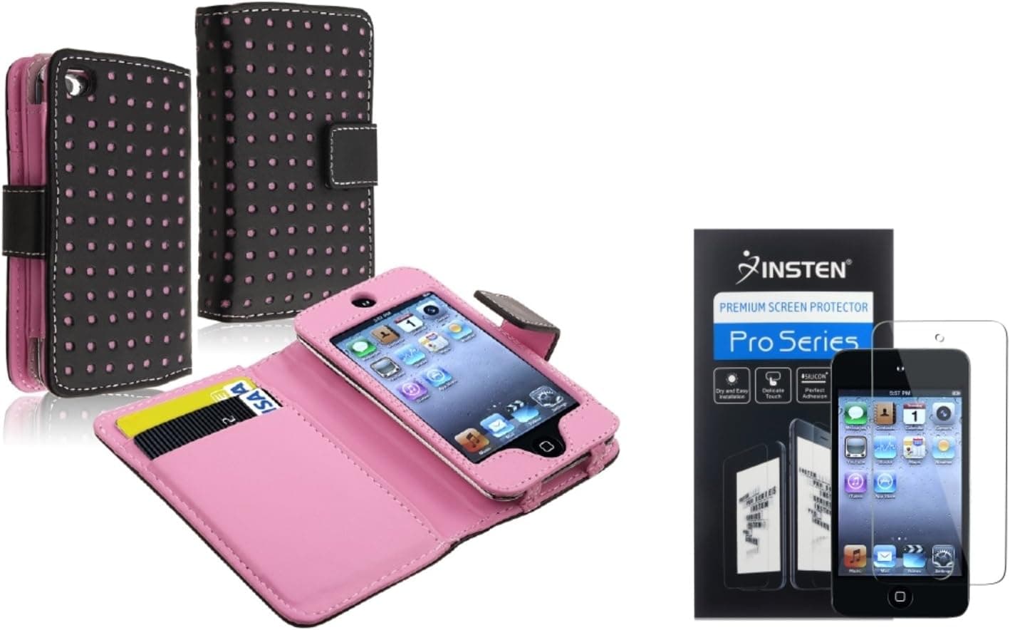 eForCity Wallet Leather Case with Free Reusable Screen Protector for iPod touch 4G (Black/Pink)