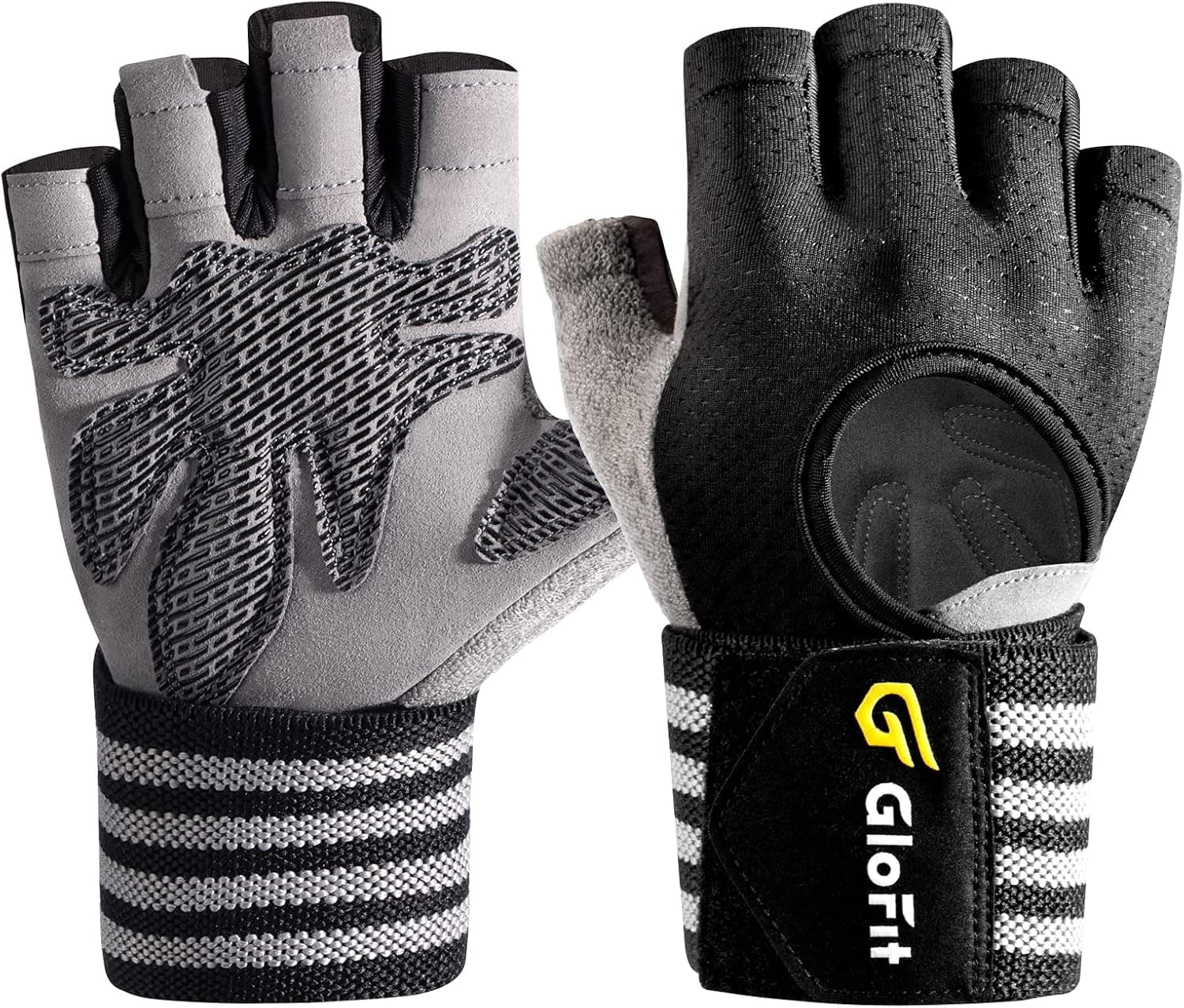 Glofit Workout Gloves with Wrist Wrap Support for Men & Women, Weight Lifting Gloves Anti-Slip Padded Palm Fingerless Exercise Glove for Powerlifting, Gym, Training