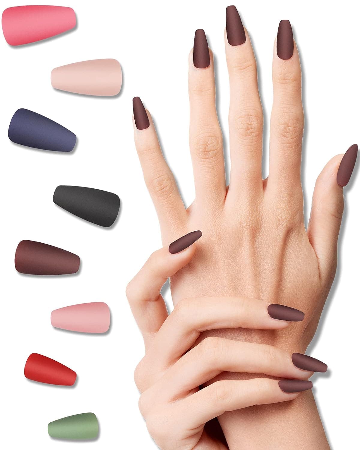 LADYING 8 Packs (192 Pcs) Long Press on Nails Matte Coffin Stick Glue on Nails Acrylic Press ons False Nails Set for Women Ballerina Fake Nail Tips Art Salon Kit with Nail Glue Nail File