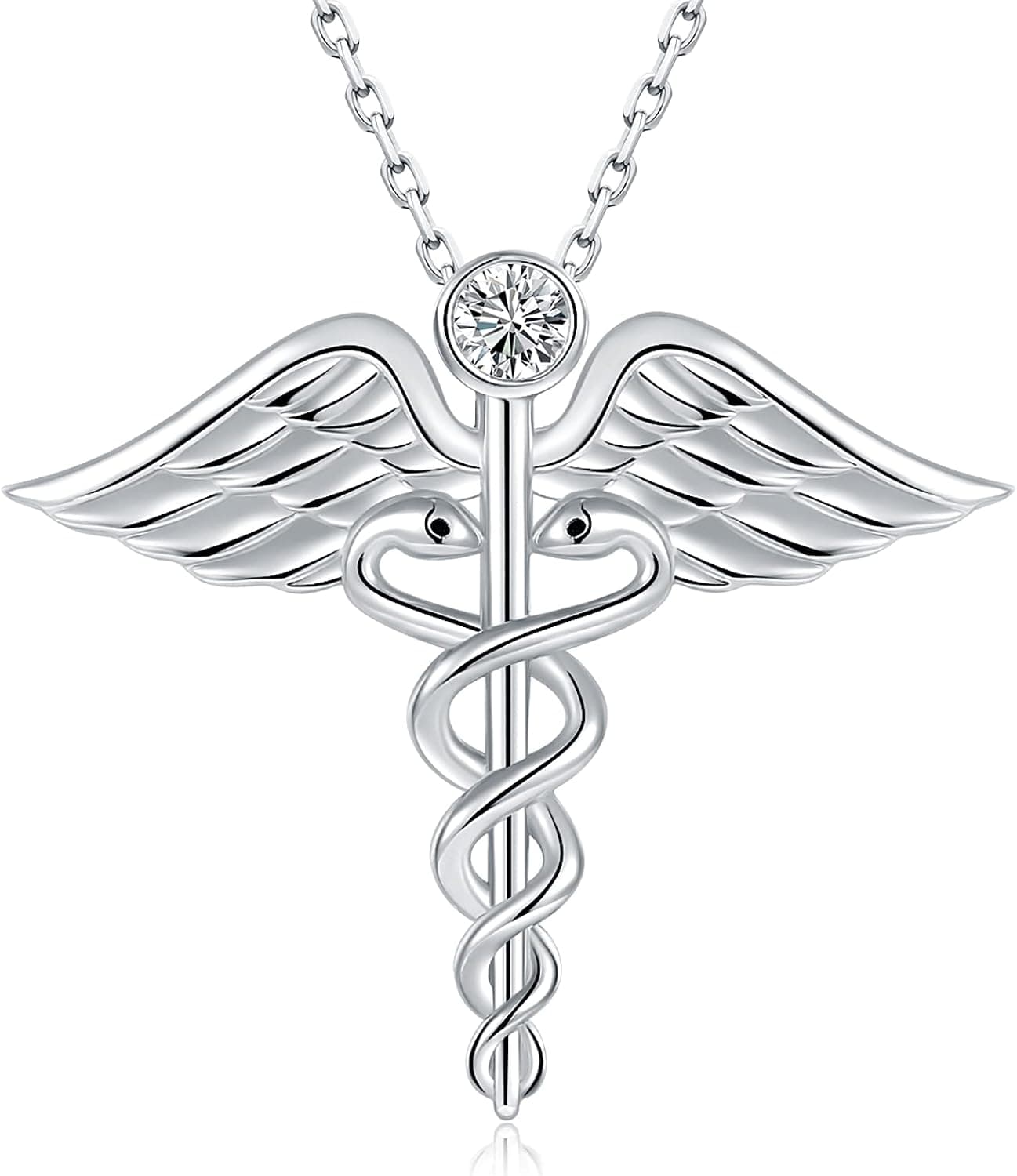 Bolelis Sterling-Silver Angel Rod of Asclepius Necklace - Medicine Nursing Themed White Gold Snake Caduceus Pendant,Wing Nurse Medical Symbol Jewelry Gift for Graduation Medical Student Women Girl