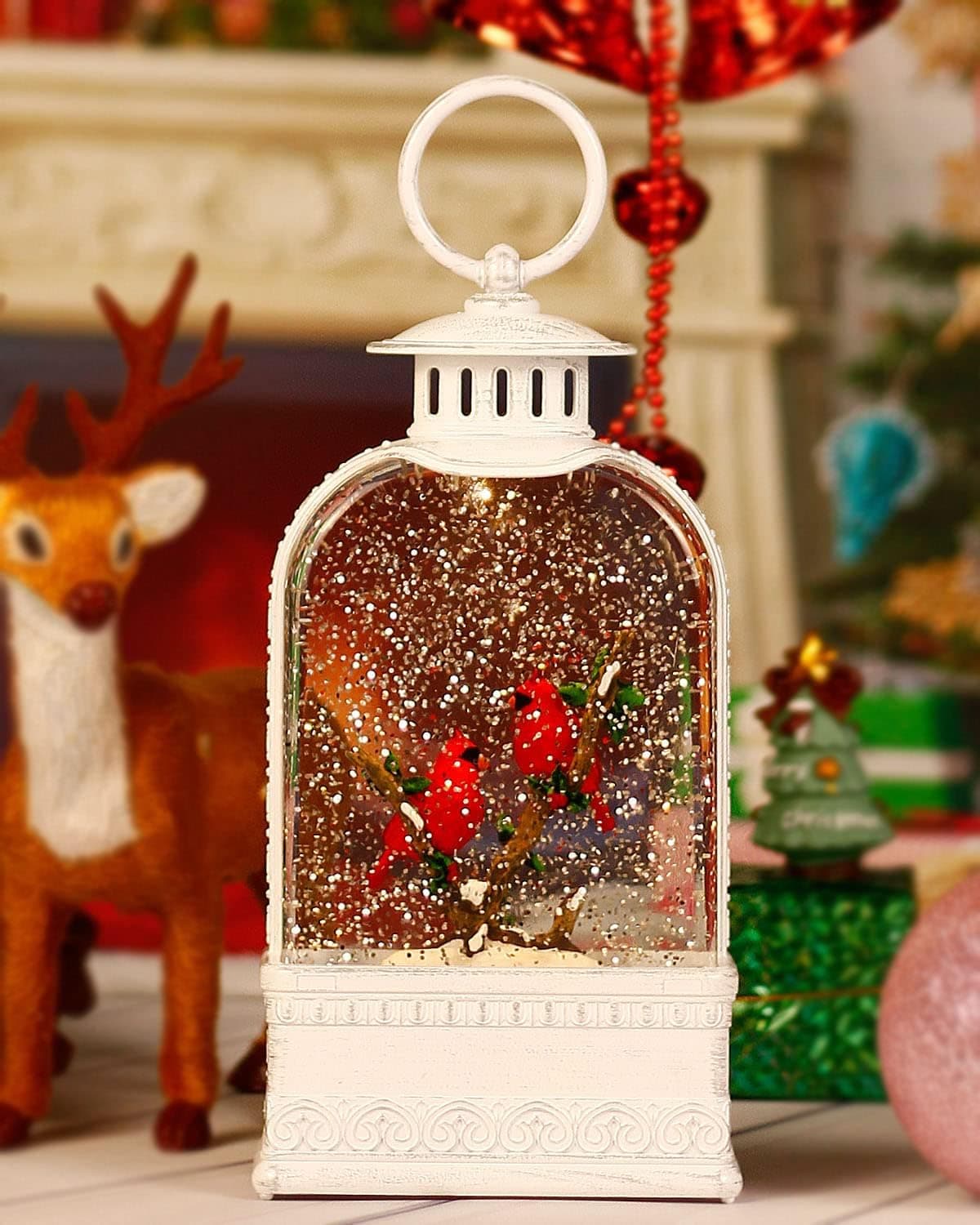 Cardinal Snow Globe, Christmas Snow Globe White, Musical Sparkly Swirling Snow Globe Lantern, Red Cardinal Ornament, Battery or USB Powered Decoration (9.9Inch)