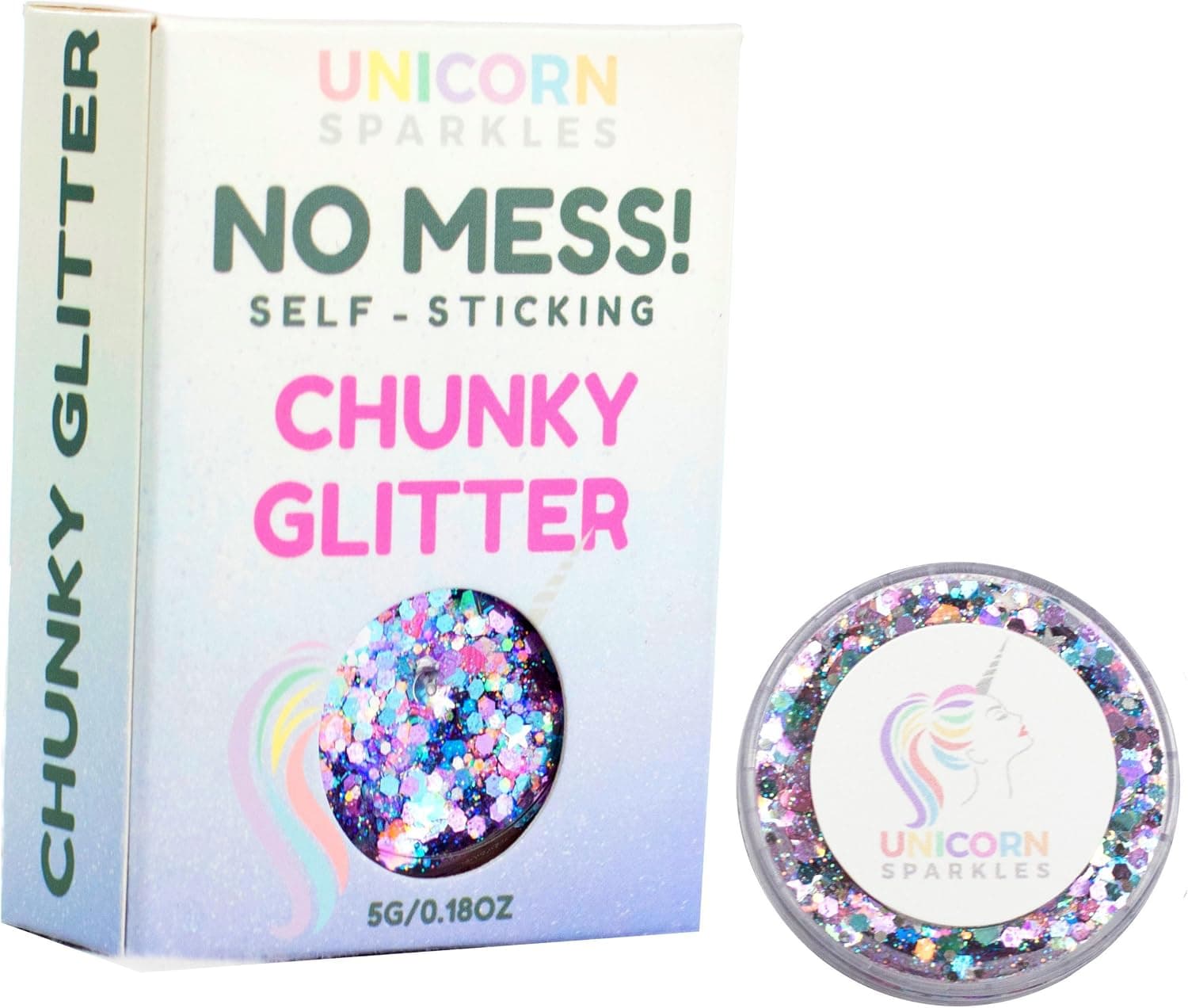 Unicorn Rainbow Chunky Glitter | Self-Sticking, Aloe Vera Based, No Glitter Primer Needed | Cosmetic Glitter Gel for Face & Body | by Unicorn Sparkles | Events, Festival, Party & Rave Makeup