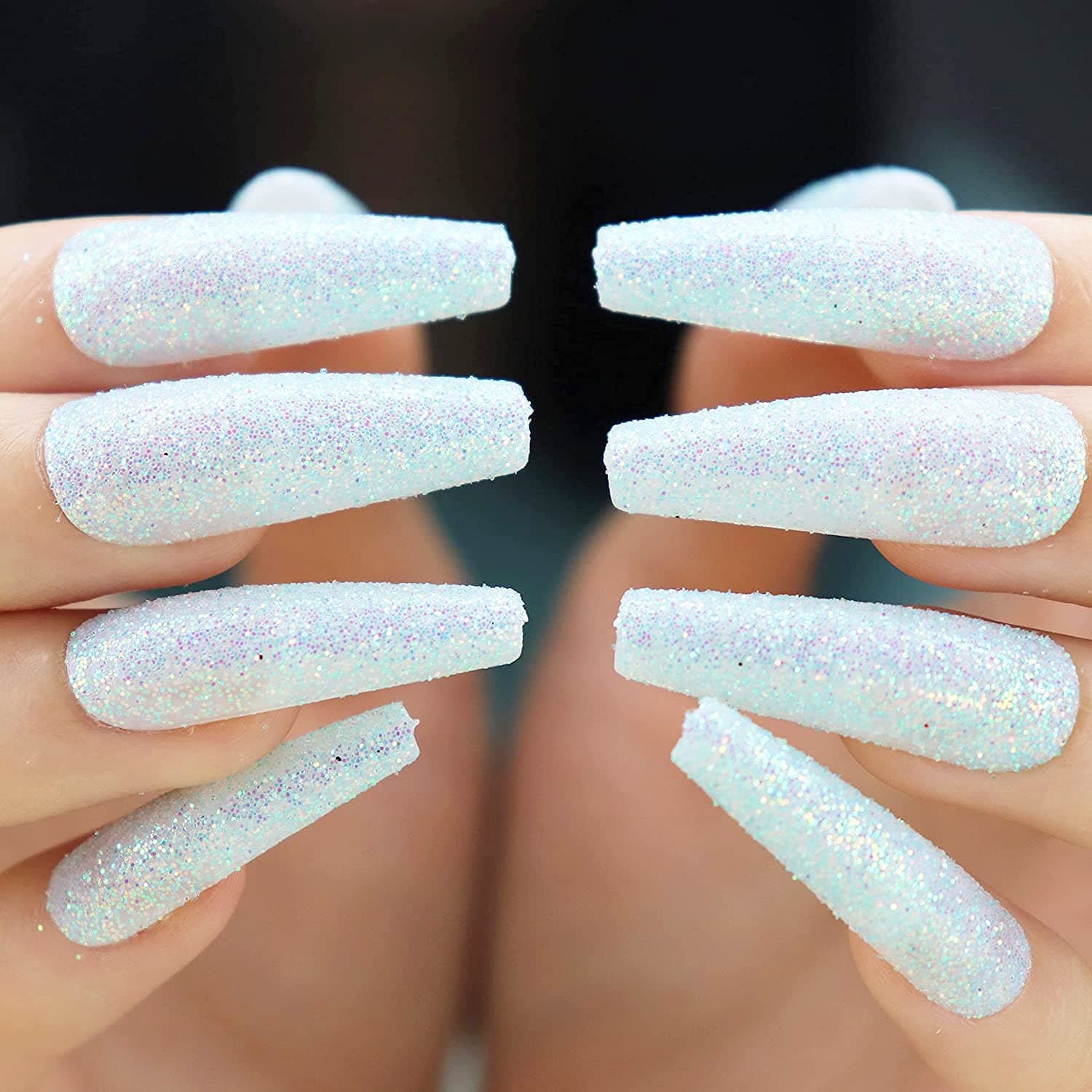 MISUD Long Press on Nails, Coffin Fake Nails, Ballerina Shape Acrylic Nails, Glitter Glue on Nails, 24 pcs Blue False Nails for Women & Girls