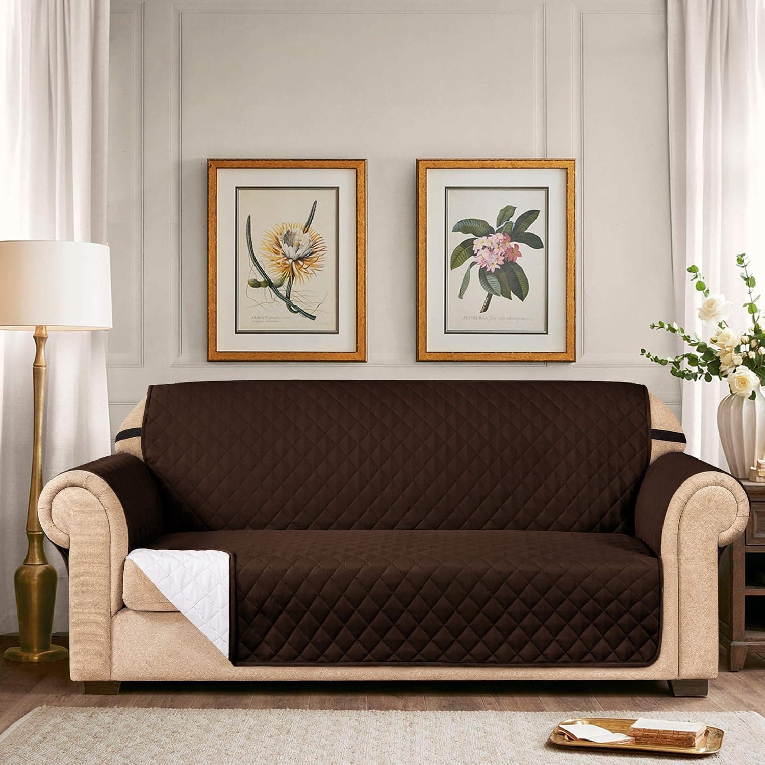Subrtex Quilted Reversible Sofa Couch Slipcover Anti-Slip Furniture Protector Chair Covers for Pets and Kids with Elastic Straps (Loveseat, Chocolate)