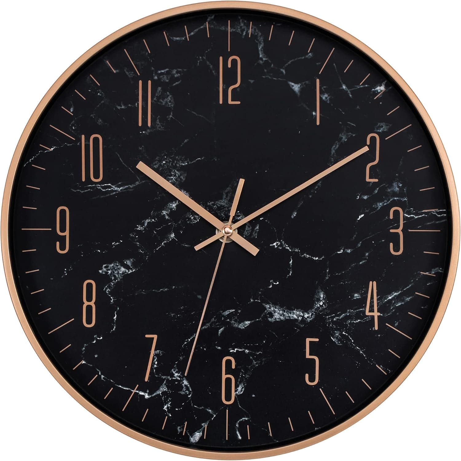 Lumuasky Black Modern Wall Clock, 12 Inch Silent Non-Ticking Battery Operated Rose Gold Decorative Clock for Living Room Bedrooms Kitchen Office (Marble Dial)