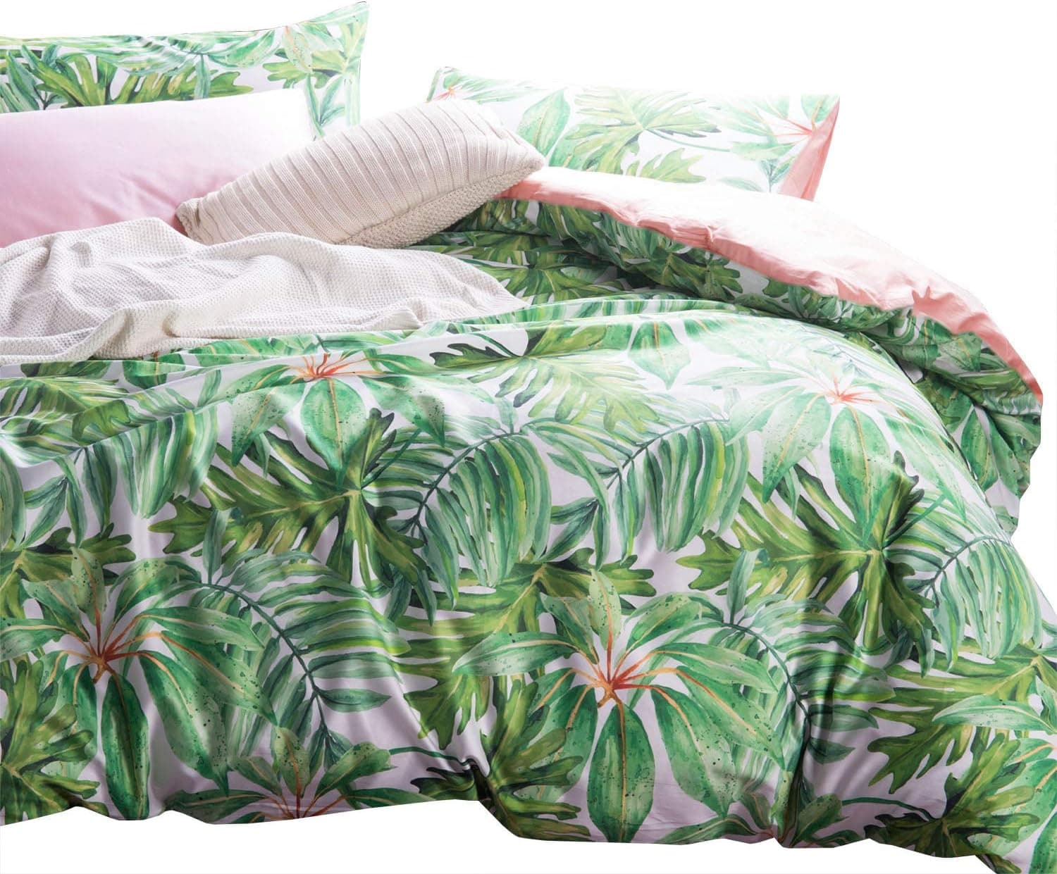 Wake In Cloud - Botanical Duvet Cover Set, Sateen Cotton Bedding, Tropical Green Plant Tree Leaves Pattern Printed, Pink on Reverse, Zipper Closure (3pcs, King Size)