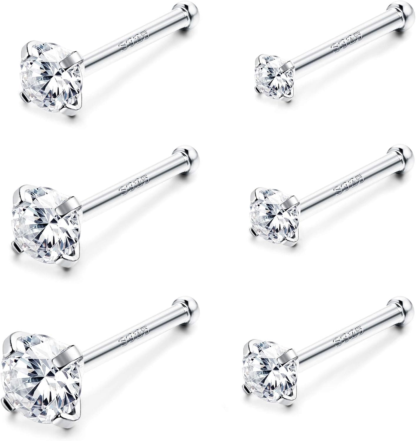 Sllaiss 6 Pcs 20G Nose Ring Studs 925 Sterling Silver Nose Piercings Set for Women 1.5mm 1.8mm 2mm 2.5mm 2.8mm 3mm Body Jewelry