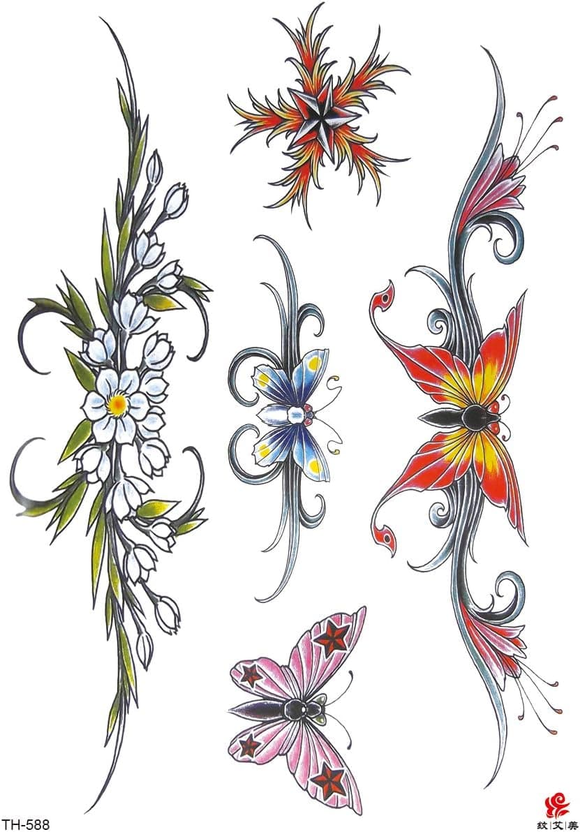 Butterfly Flower Tramp Stamp Large 8.25" Temporary arm Tattoo Tribal Wholesale Temp Tattoos for Halloween Make-up