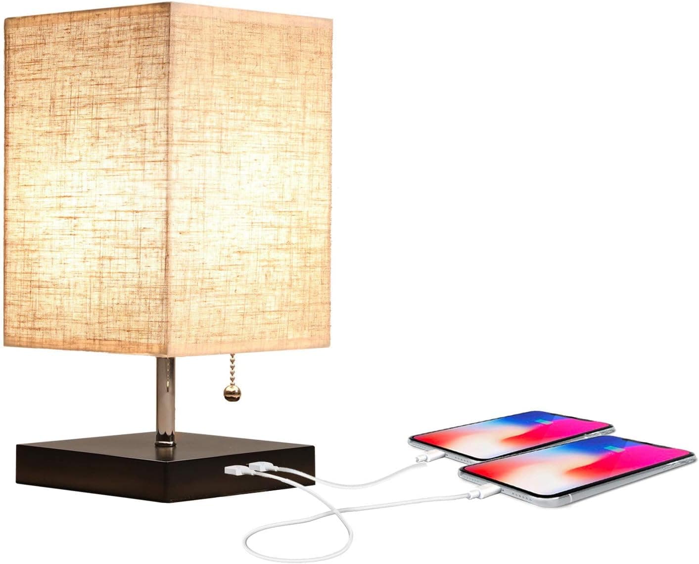 APBEAMLighting Table Lamp with USB Ports Modern Nightstand Lamp with Pull Chain Fabric Linen Lampshade for Bedroom Living Room Office (Small)