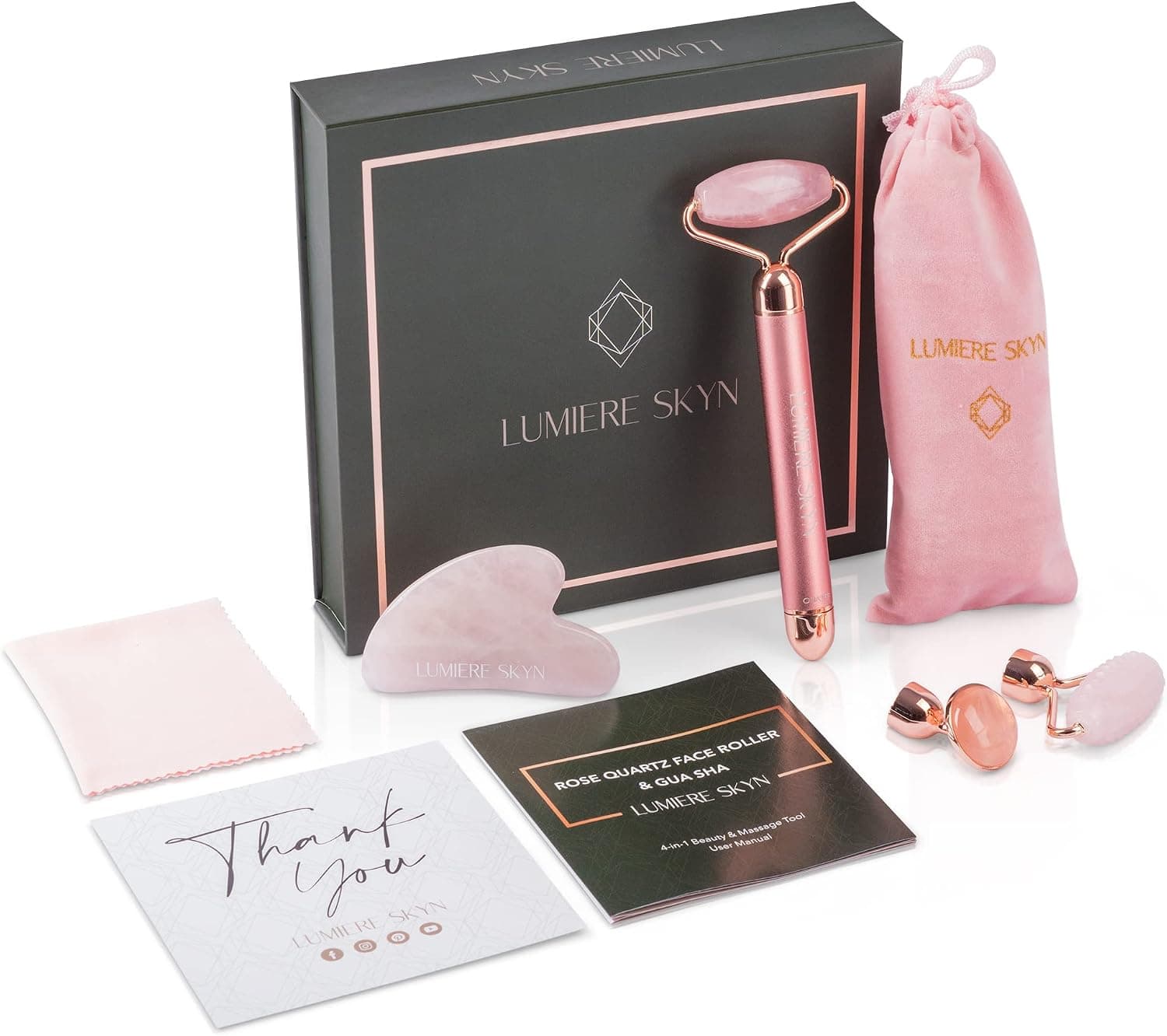 Electric 4-in-1 Facial Roller & Gua Sha Set by Lumiere Skyn, Genuine Rose Quartz Jade Guasha, Vibrating Micro Current Beauty Sculpting Tool Kit for Face Contouring, Neck, Eye Treatment & Massager