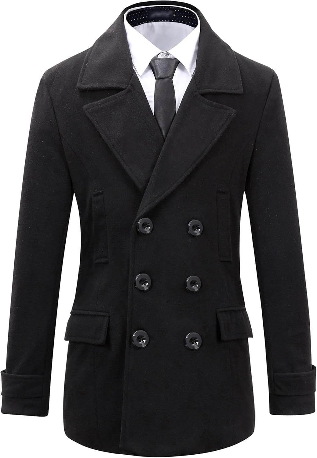 Beninos Mens Wool Slim Fit Double Breasted Half Trench Coat