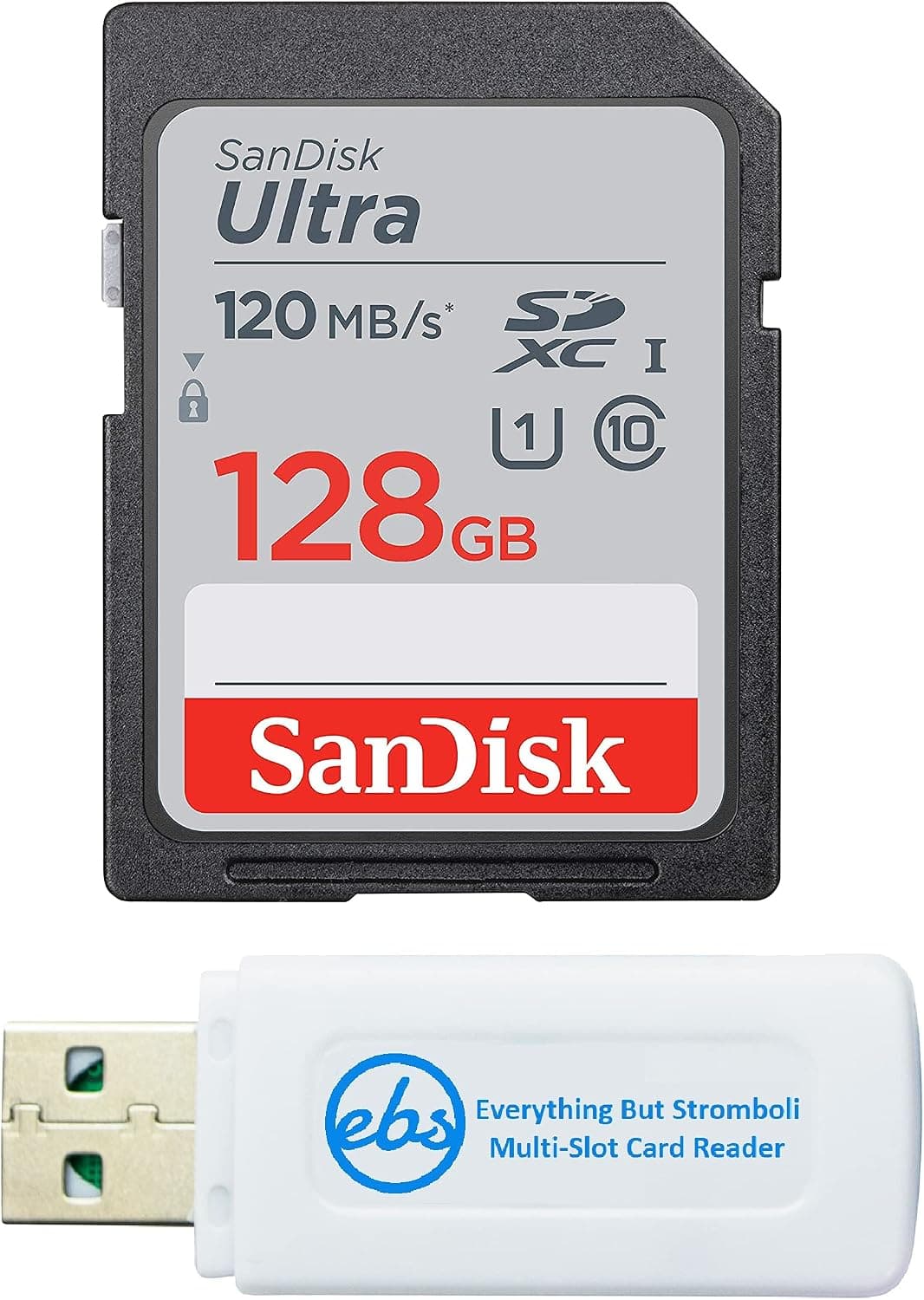SanDisk 128GB SDXC SD Ultra Memory Card Works with Nikon D3500, D7500, D5600, D5200 Digital Camera Class 10 (SDSDUN4-128G-GN6IN) Bundle with (1) Everything But Stromboli Combo Card Reader