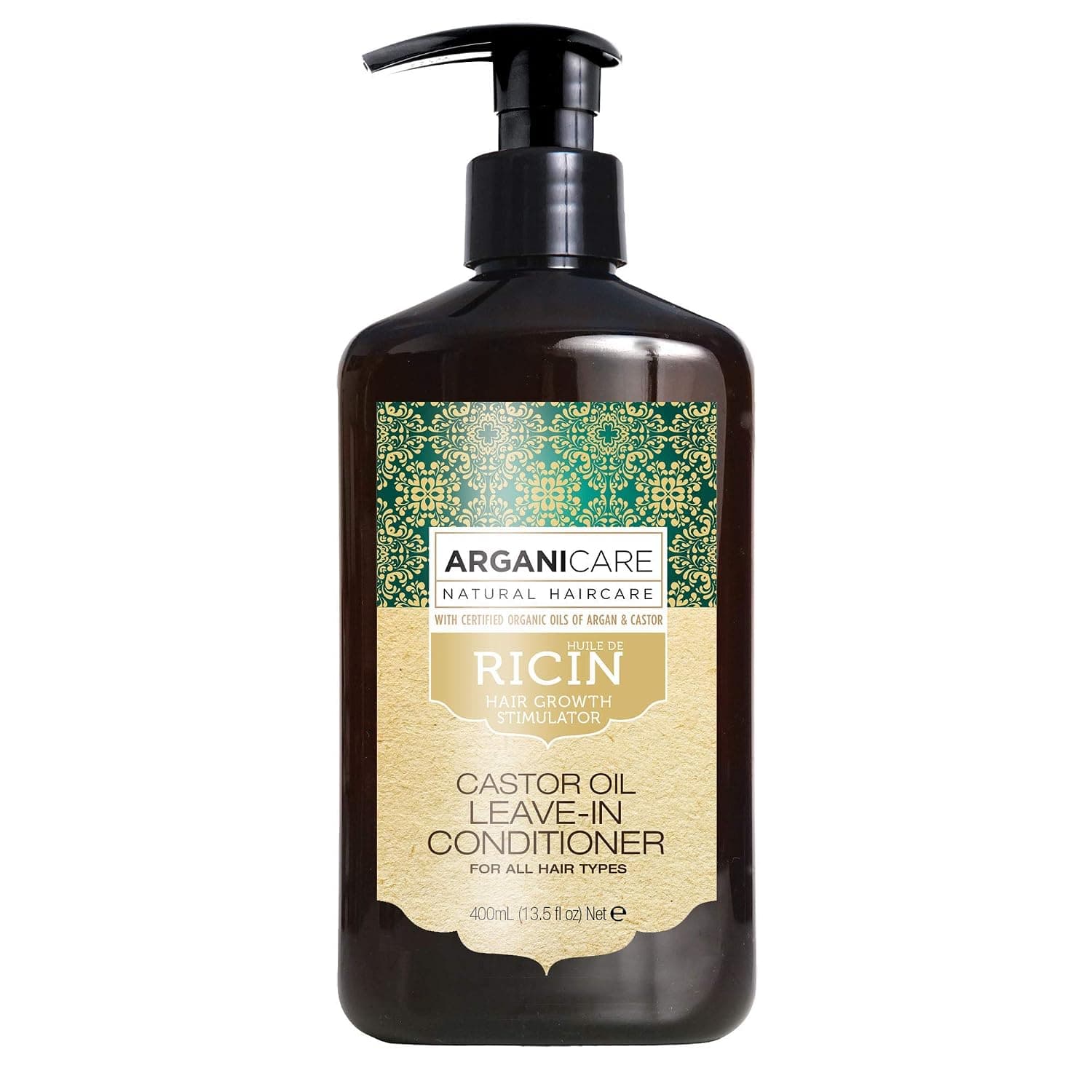 Arganicare Castor Oil Leave-In Conditioner enriched with Organic Oils of Moroccan Argan, Castor, Green Tea, Shea Butter, Silk Protein and Extracts of Lemon and Apple