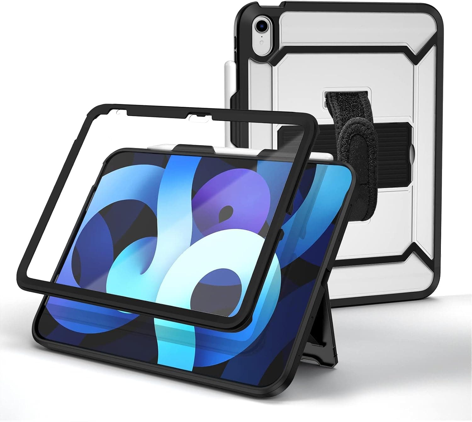 ZPU iPad 10th Generation Case 2022 10.9 Inch, Shockproof Full Body Protective iPad Case with Pencil Holder Kickstand, Built-in Screen Protector, Stand with Hand Strap, Clear Black TPU Case