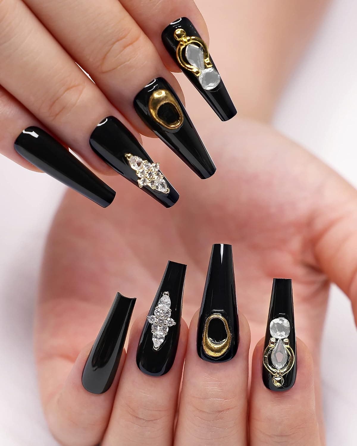 morily 24Pcs Black Press on Nails Extra Long Coffin Fake Nails with Gold Studs Rhinestones Design Glossy False Nail Tips Luxury Acrylic Ballerina Stick on Fingernail for Women and Girls (Luxury Black)