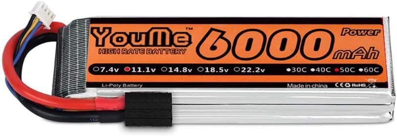 Youme 3S Lipo Battery 6000mah 11.1V 50C-100C Tracxas Plug for DJI F450 Trex-500 RC Heli, RC Tracxas Car/Truck,RC Buggy,RC Boat and Drone (6.1x1.89x1.1in,0.93lb)