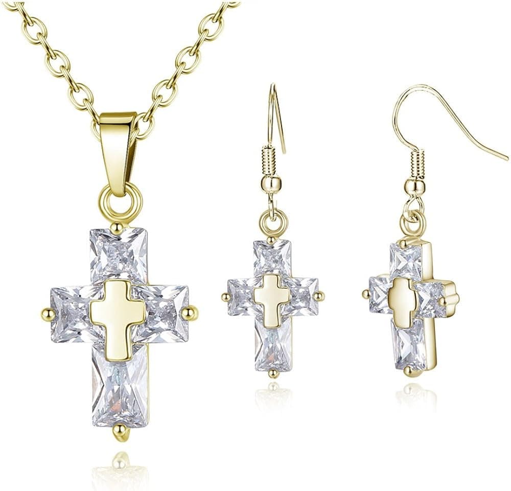 BONFASH Crystal Cross Necklace Earring Set Rose Gold/Gold/Silver Jewelry Set for Women Girls