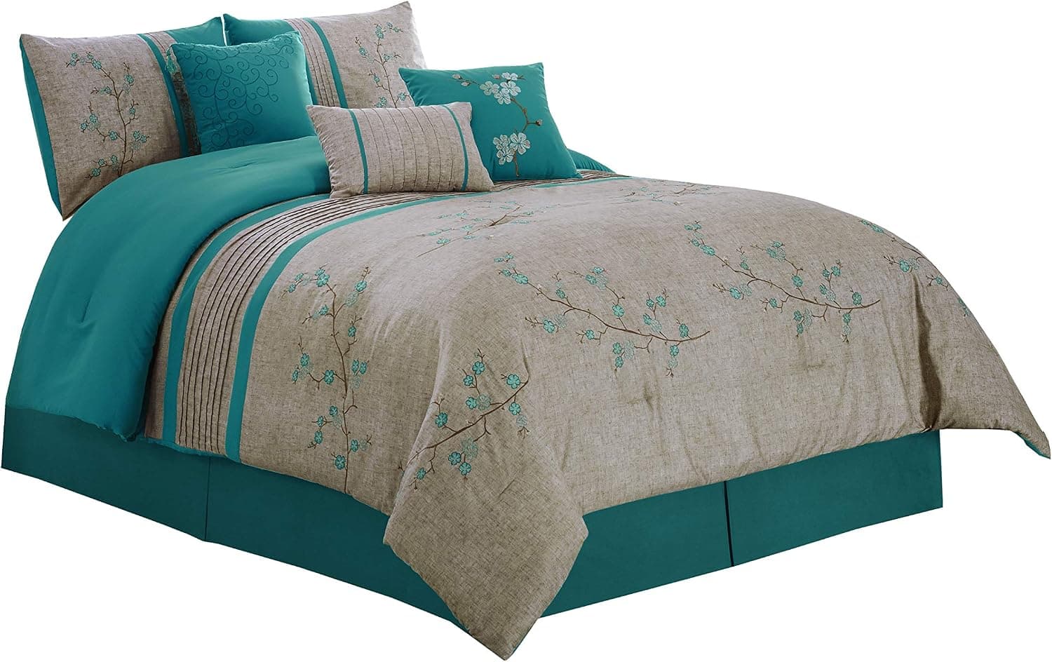 Chezmoi Collection Noriko Luxury 7-Piece Teal Cherry Blossoms Floral Embroidery Bedding Comforter Set (Full, 86" x 88")