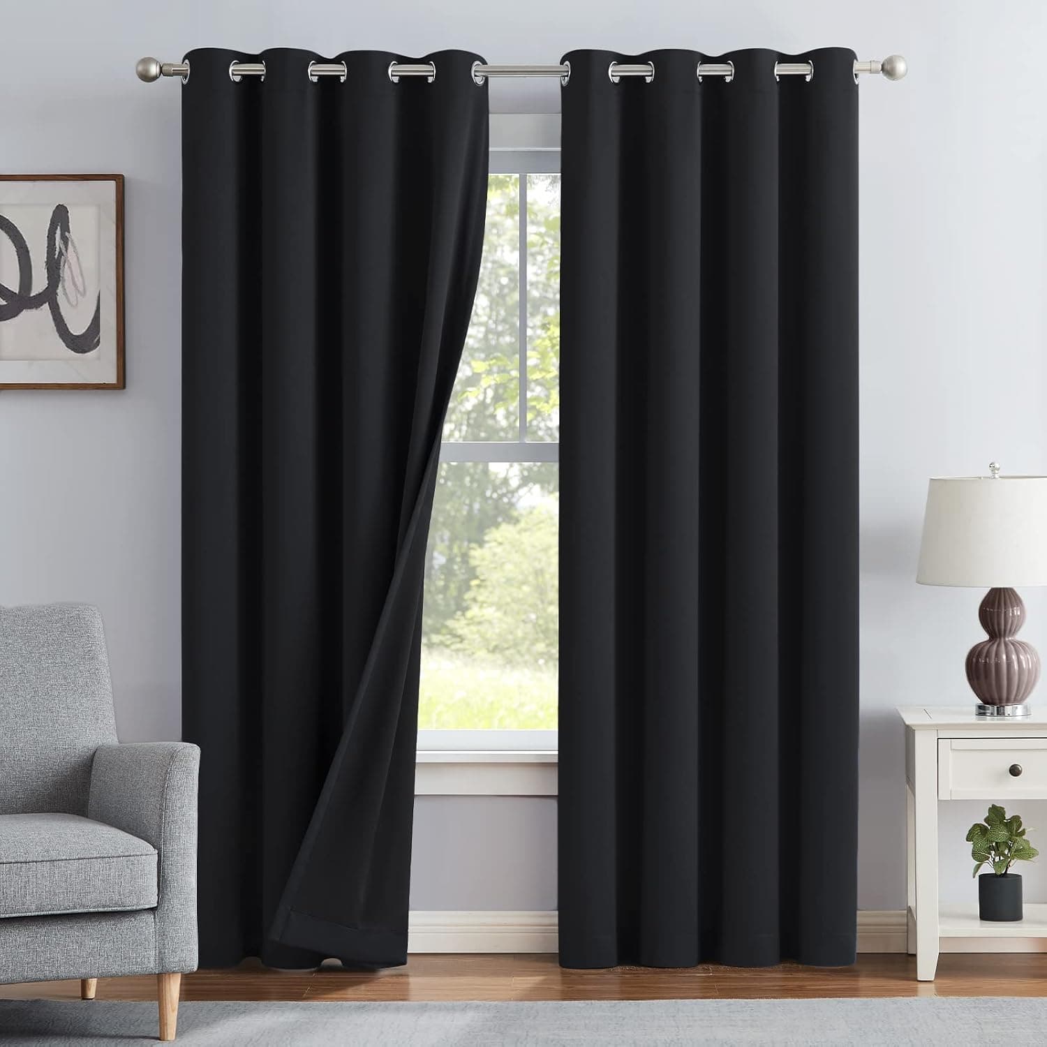 Melodieux Black 100% Blackout Curtains for Living Room - Thermal Insulated Bedroom Grommet Drapes Full Room Darkening, 52 by 63 Inch(2 Panels)