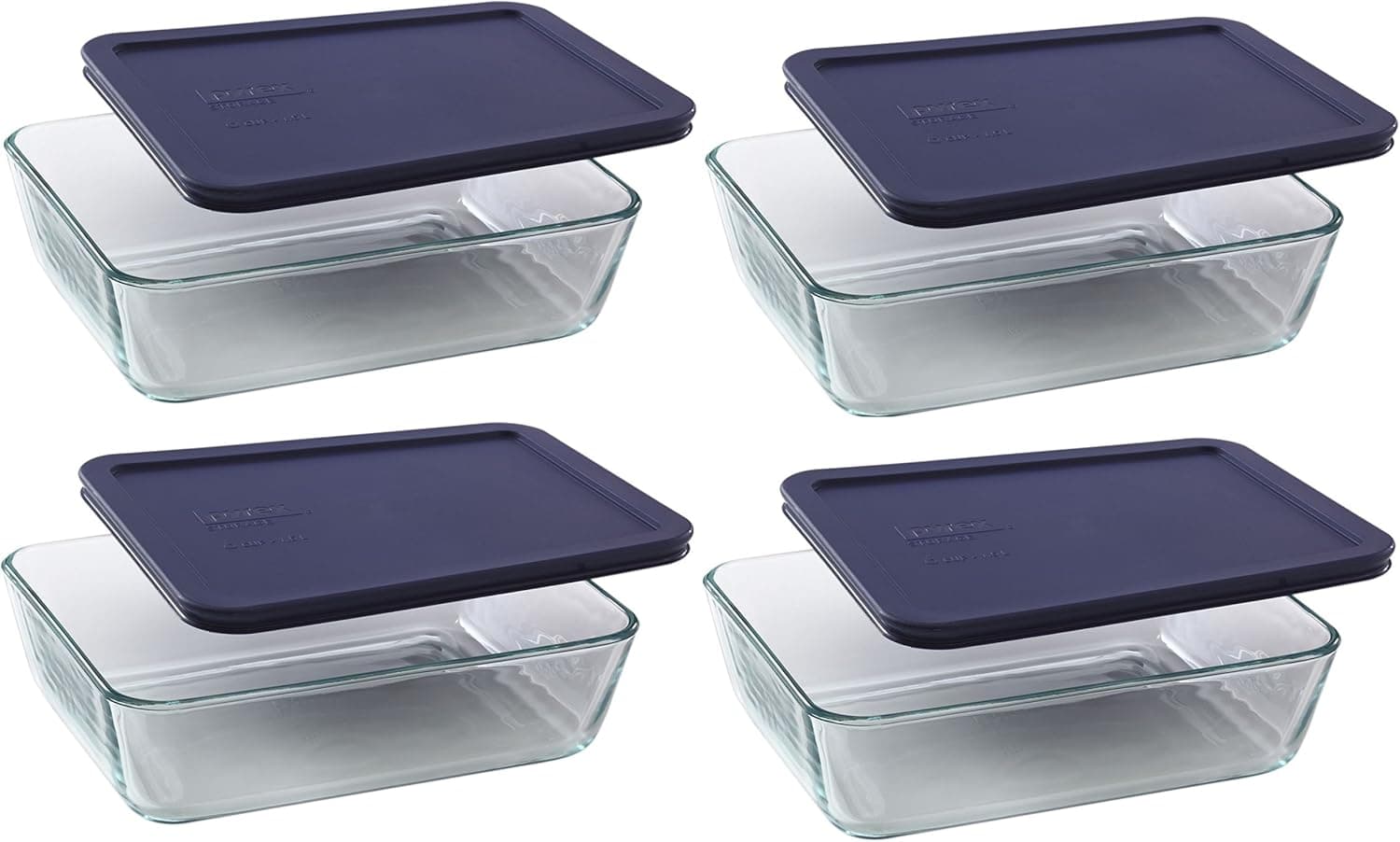 Pyrex 6-cup 7211 Rectangle Glass Food Storage Containers with Blue Plastic Lids - 4 Pack Made in the USA