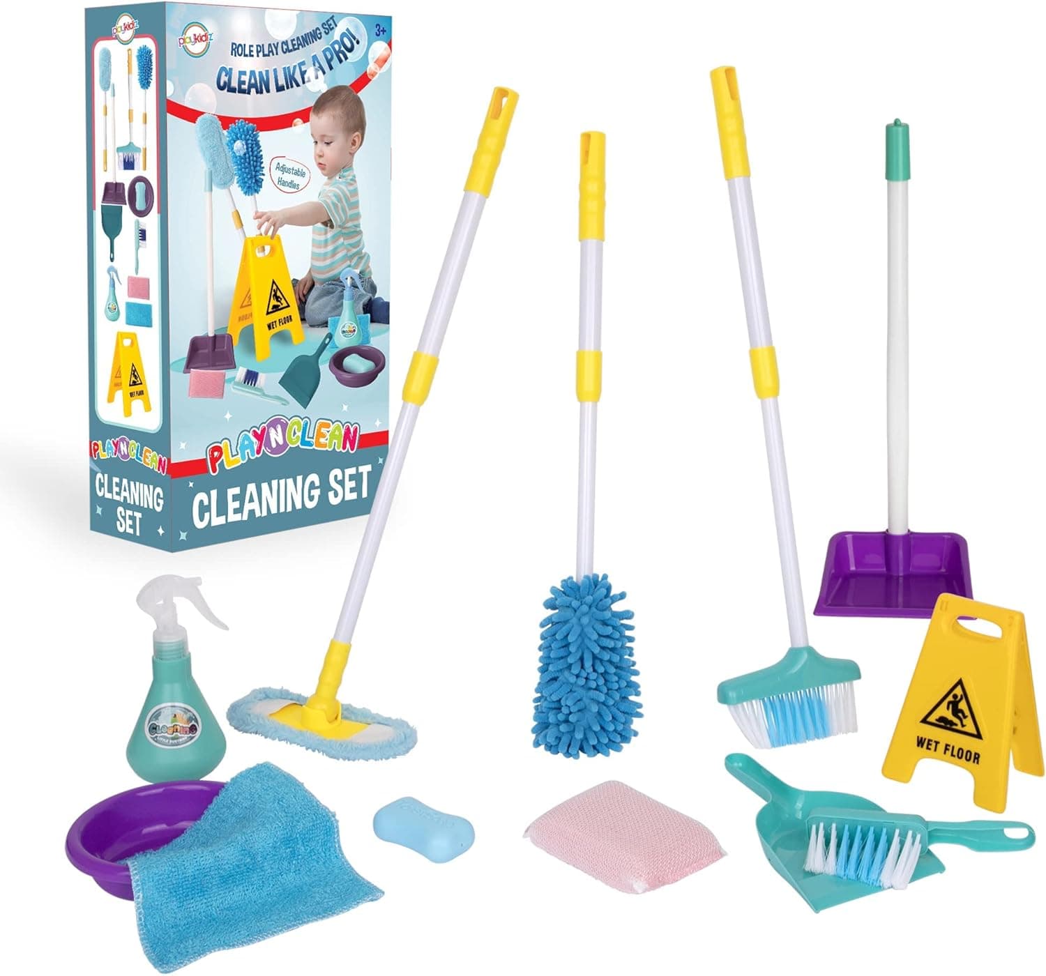 Playkidiz Kids Cleaning Set for Toddlers, Toy Broom & Mop Cleaning Accessory Set, Pretend Play Toys for Boys & Girls Ages 3+