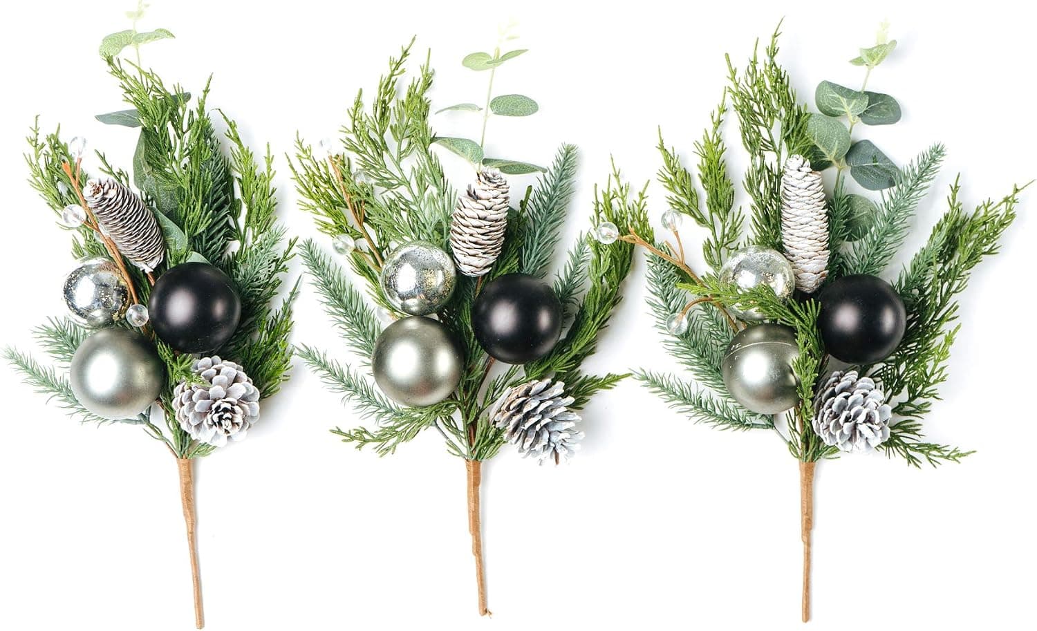 CraftMore Pine Pick 16" with Silver and Black Ball Ornaments Set of 3