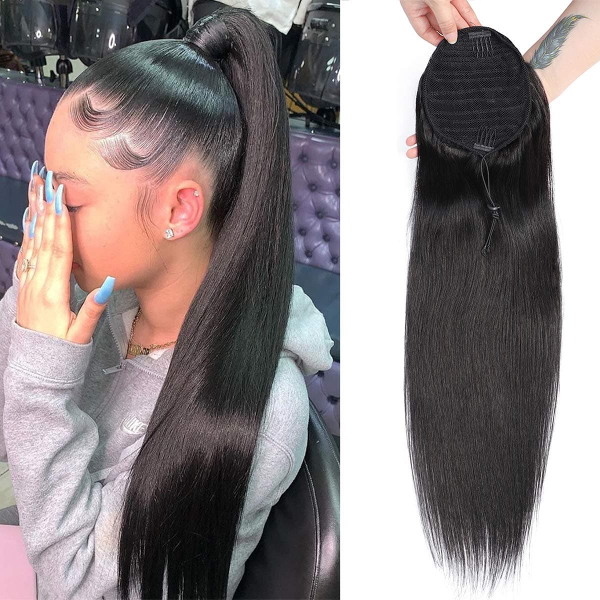 Wrap Drawstring Ponytail Hair Straight Ponytail Hair Virgin Brazilian Human Hair Extension Clip In Hair Extension Afro Hair Piece Ponytail (22 Inch, Straight)